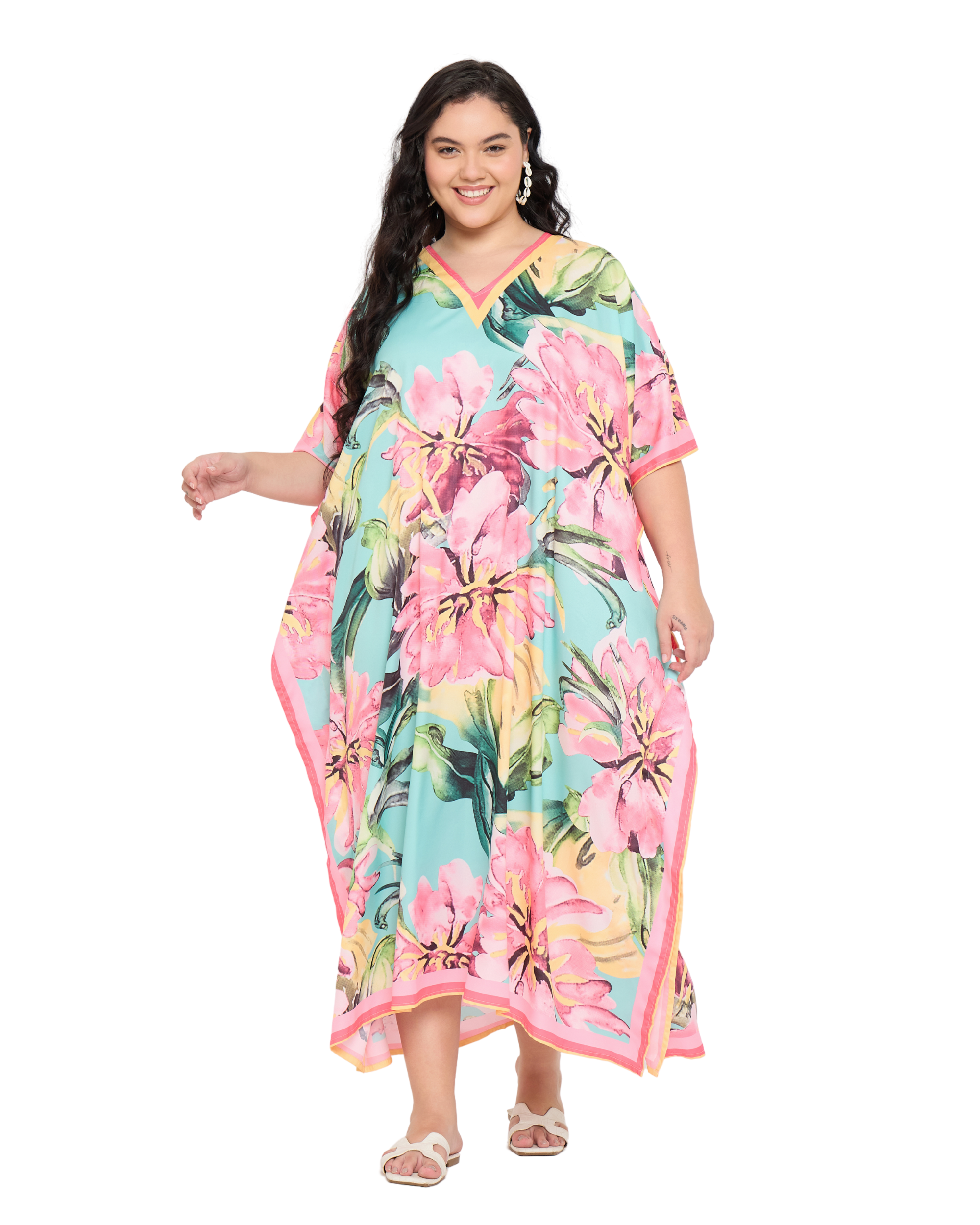 Turquoise Tropical Floral Women Plus Size Caftan Dress