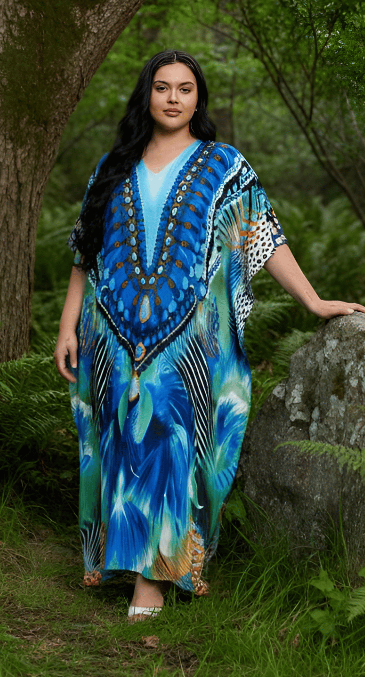 Blue peacock medallion dashiki print plus size kaftan with beaded V-neckline and kimono sleeves
