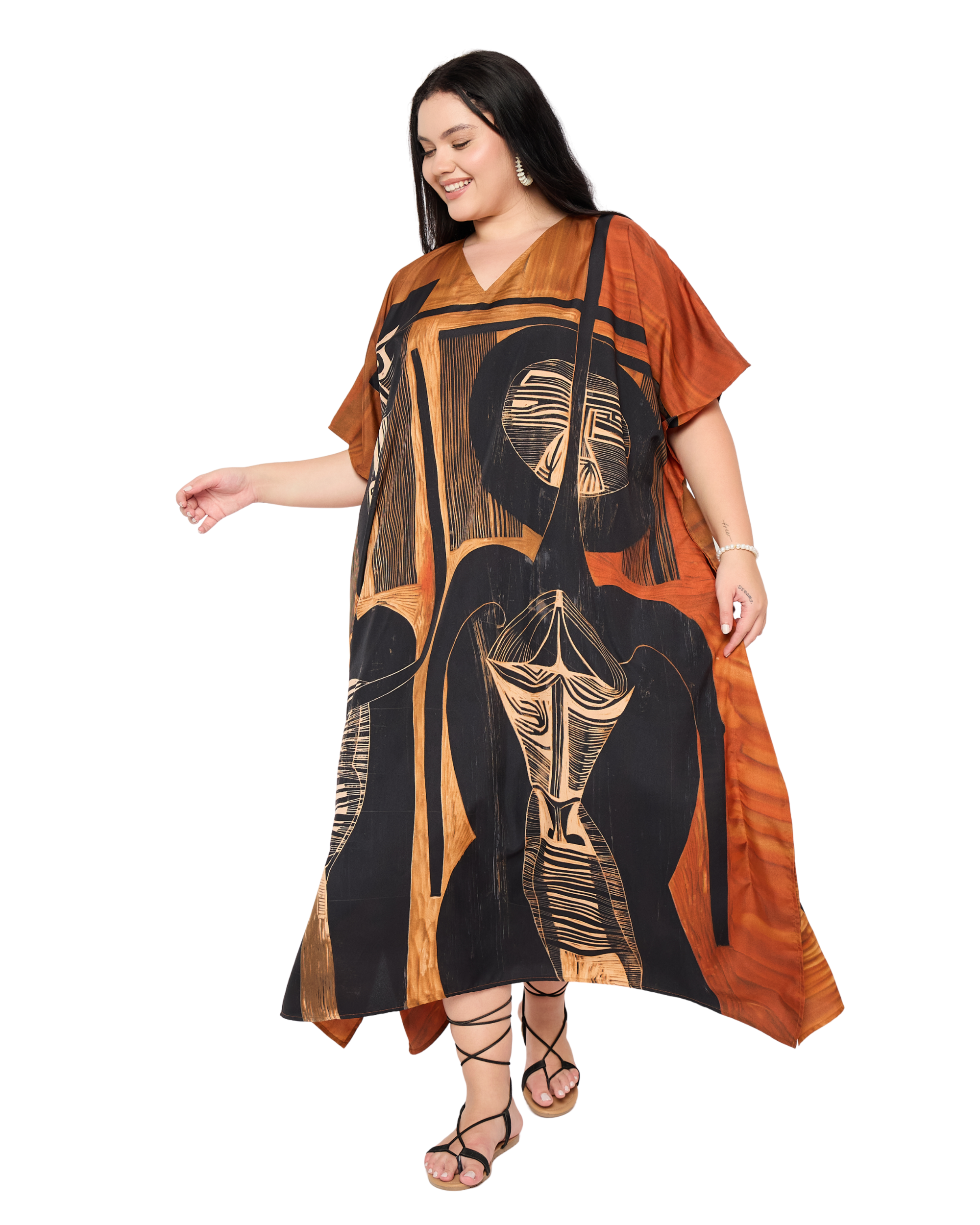 Black Tribal Polyester Women Plus Size Caftan Loungewear Dress