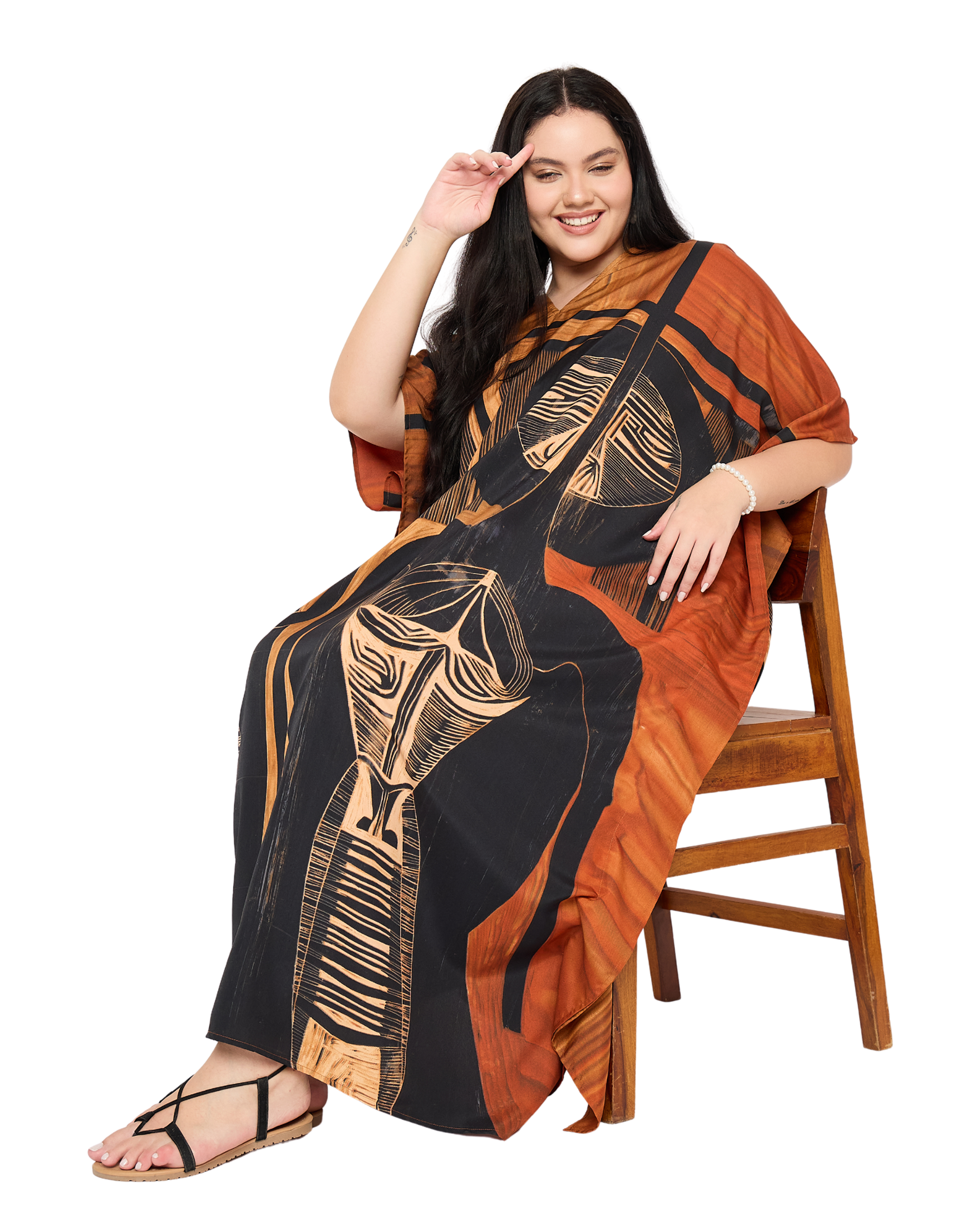 Black Tribal Polyester Women Plus Size Caftan Loungewear Dress