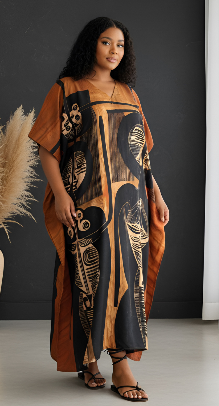 Black Tribal Polyester Women Plus Size Caftan Loungewear Dress