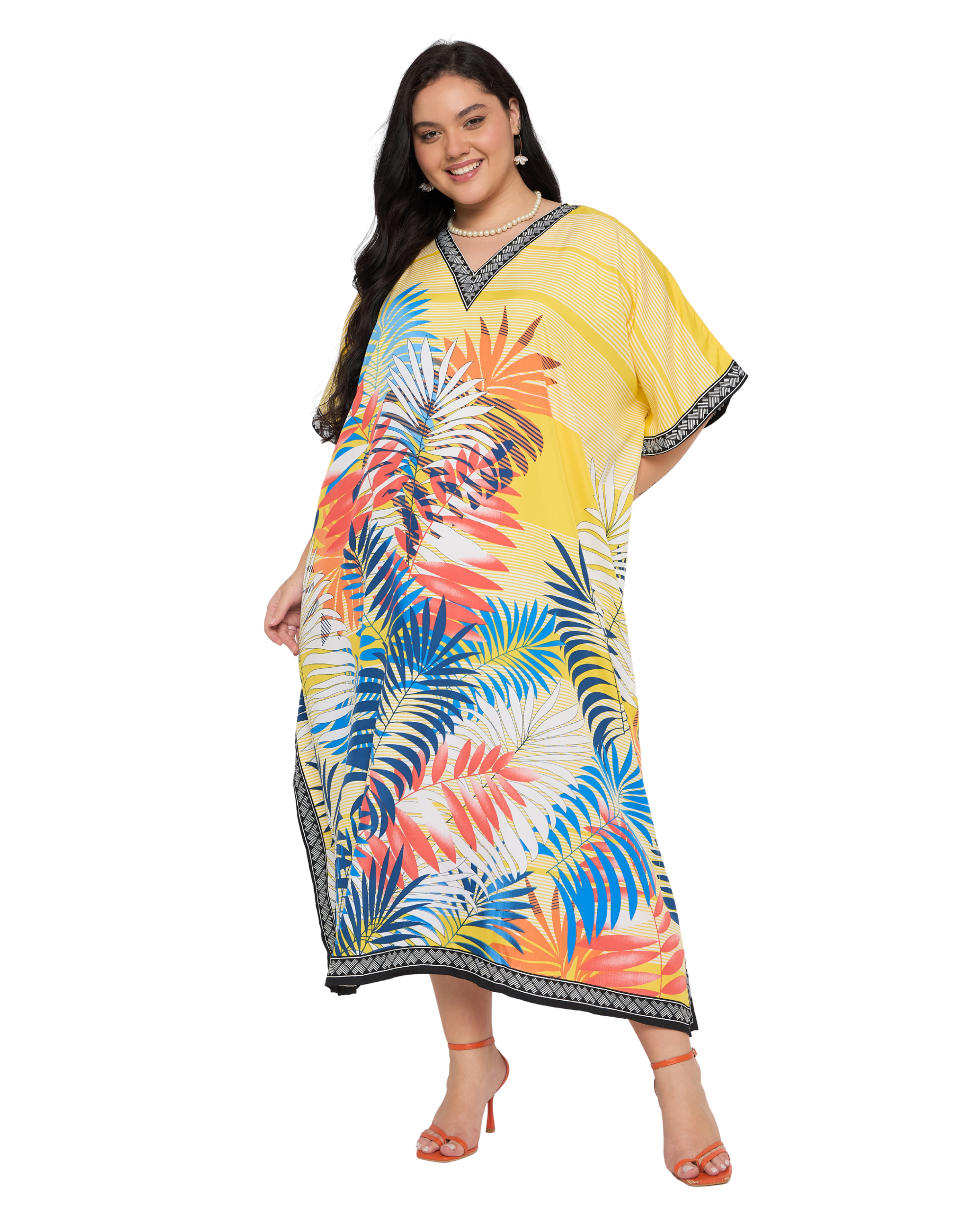 Bright yellow Tropical Leaf Polyester Women Plus Size Kaftan Dress