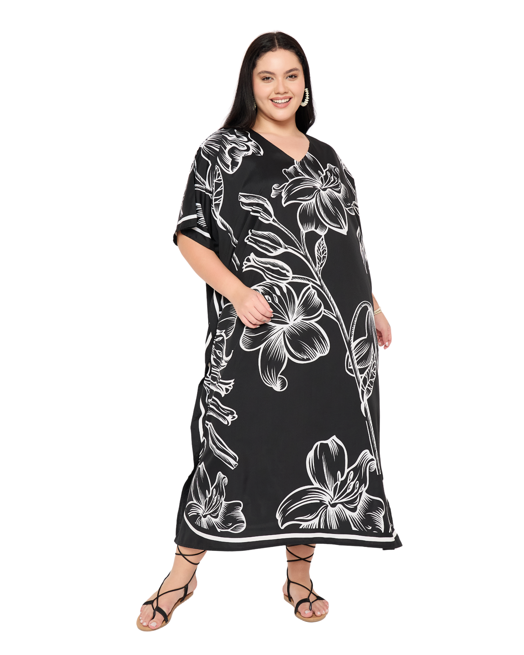Black Floral Polyester Women Plus Size Kaftan Dress Maxi Length