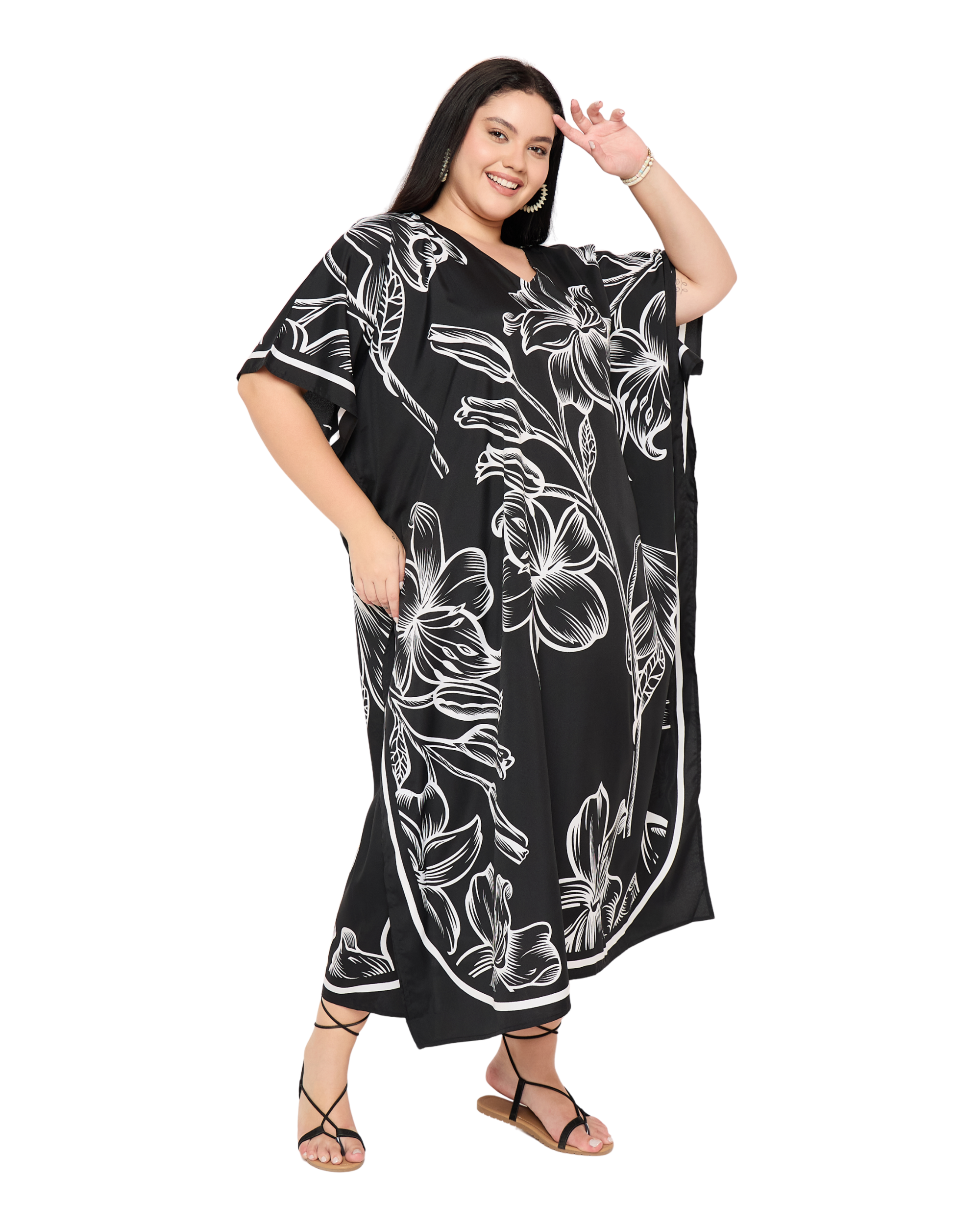 Black Floral Polyester Women Plus Size Kaftan Dress Maxi Length