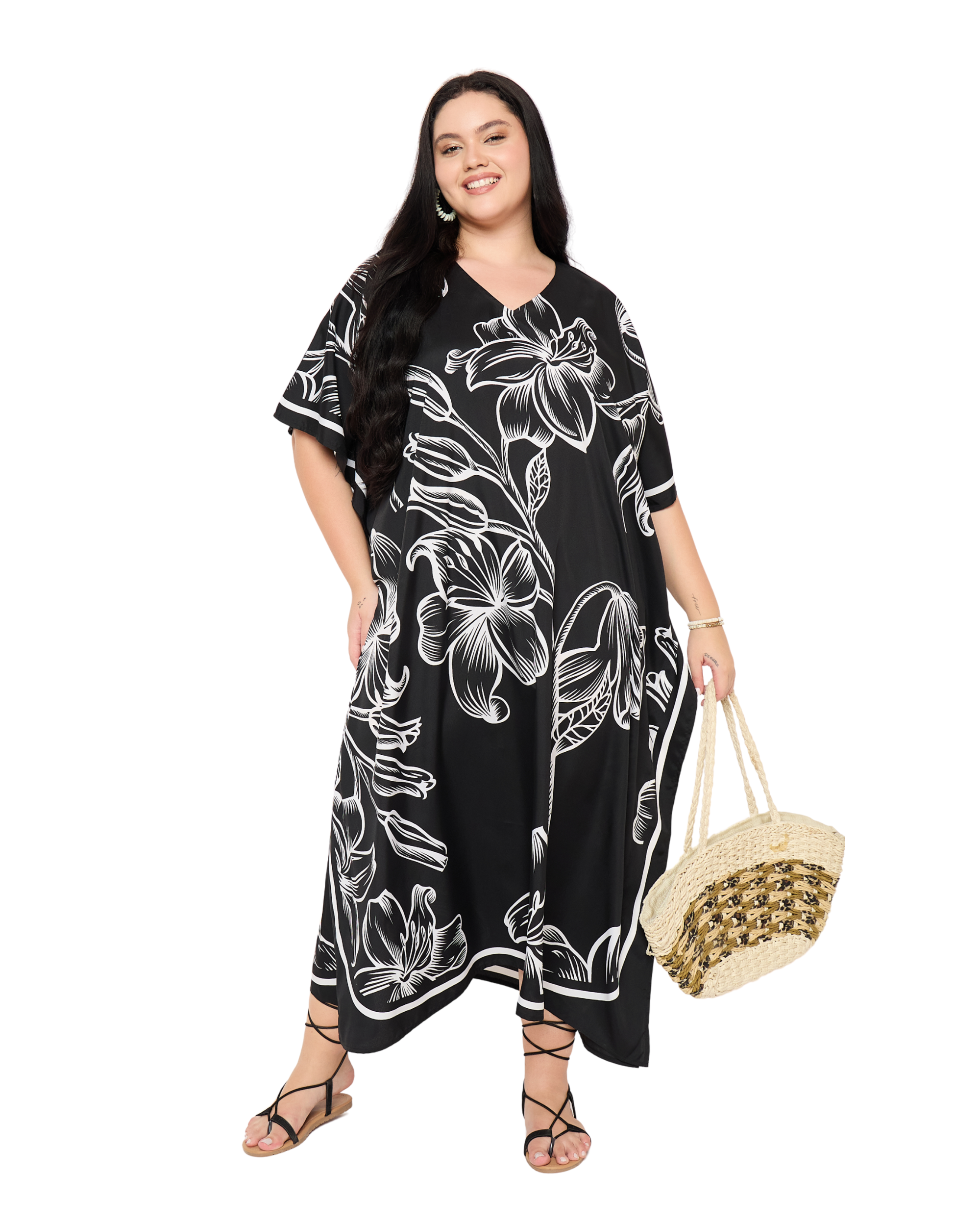 Black Floral Polyester Women Plus Size Kaftan Dress Cover Up