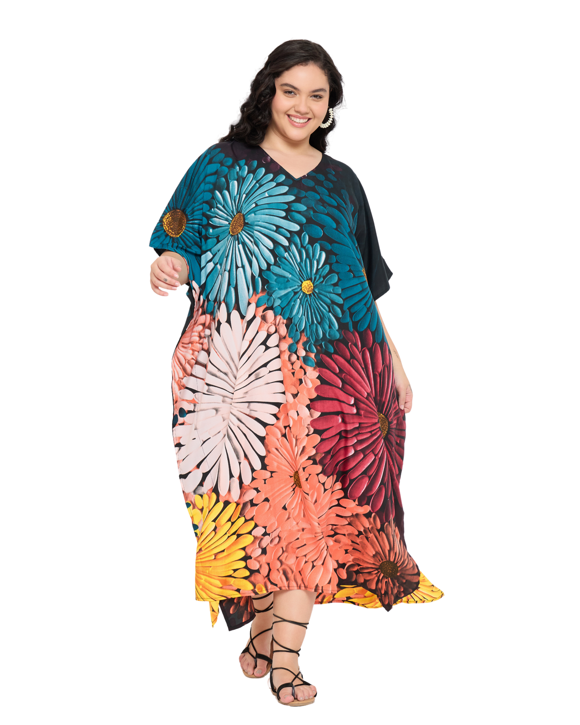 Black Polyester Floral Women Plus Size Long Kaftan Dress