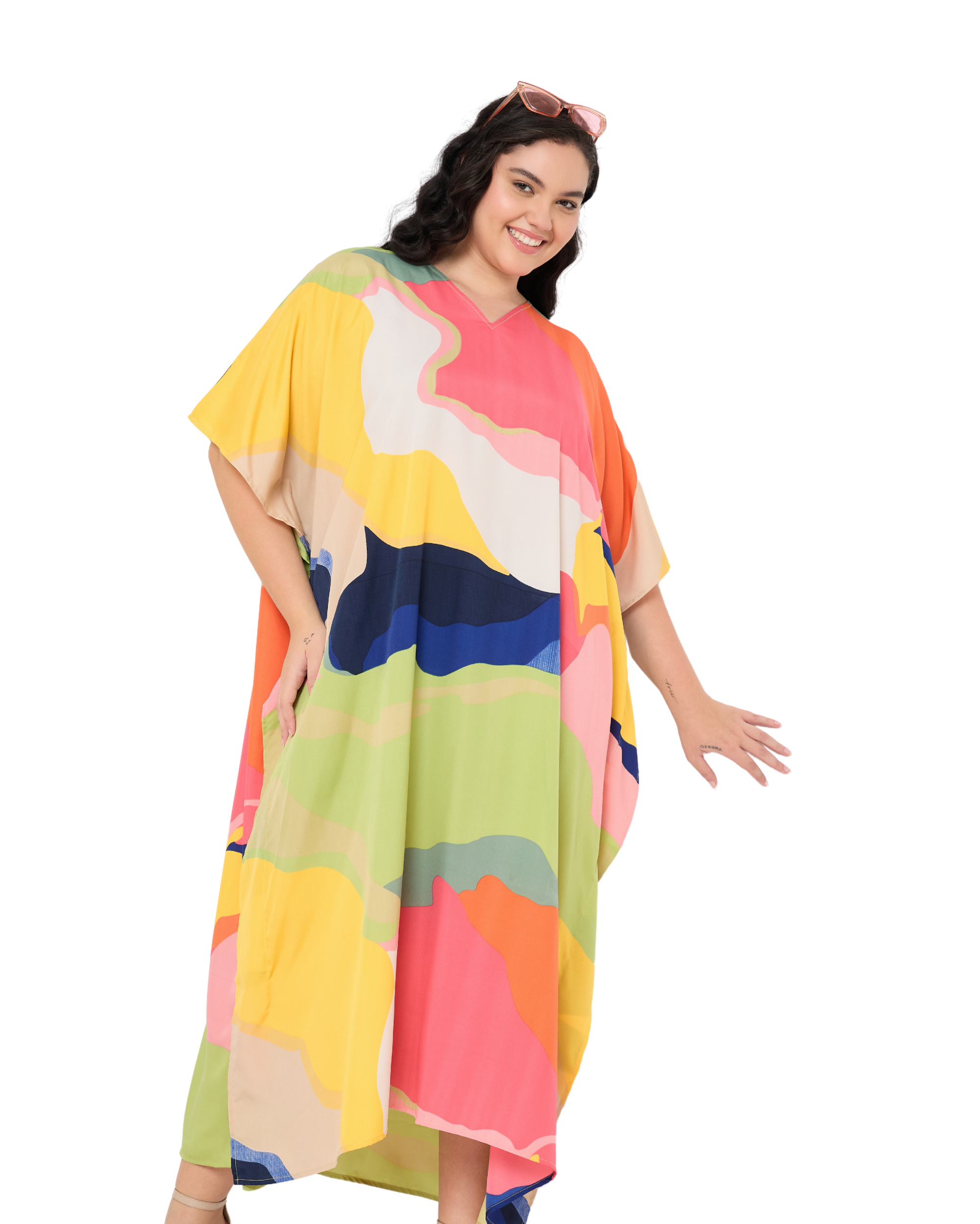 Abstract Polyester Women Plus Size Kaftan Dress Loungewear