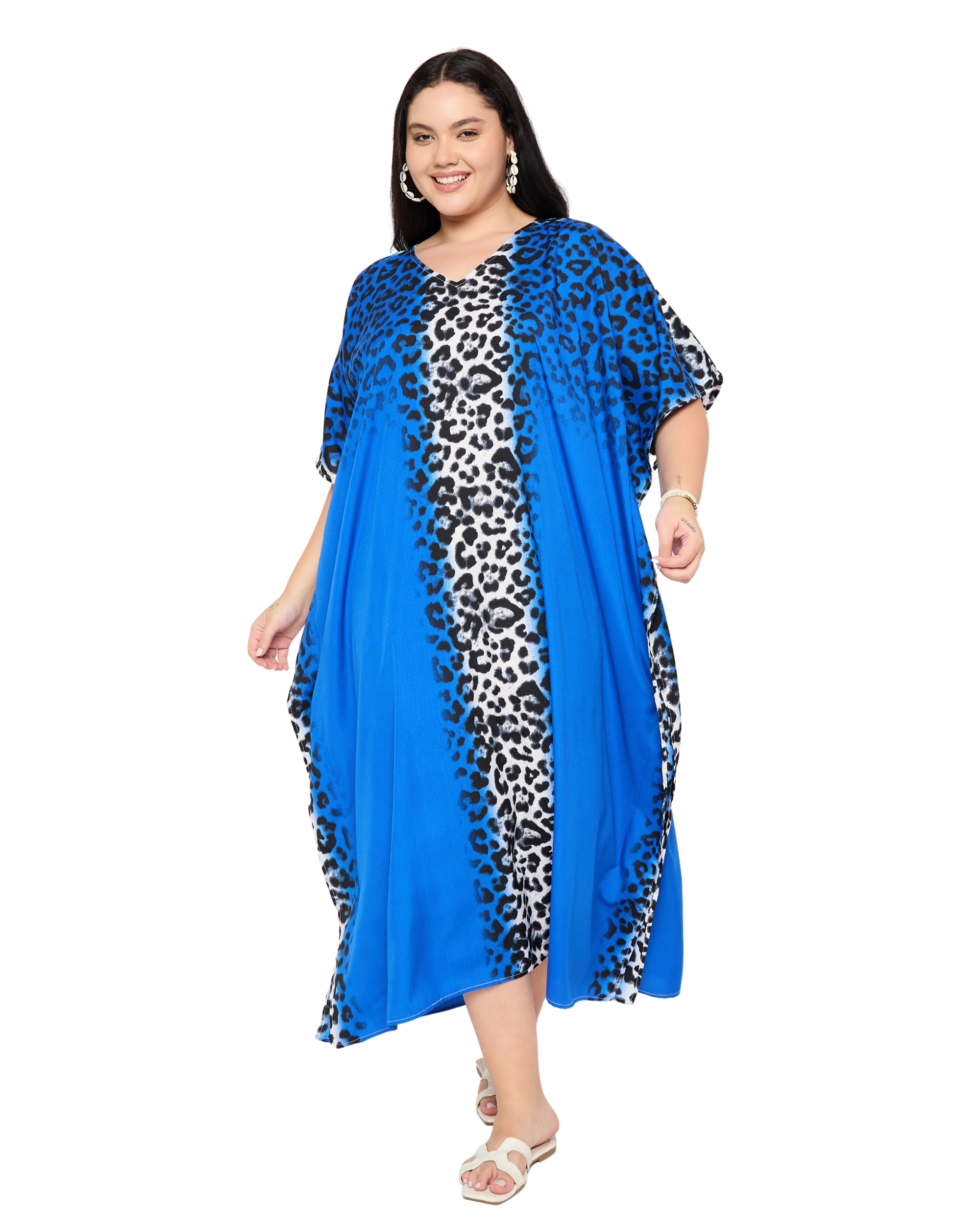 Royal Blue Leopard Polyester Women Plus Size Resort Kaftan