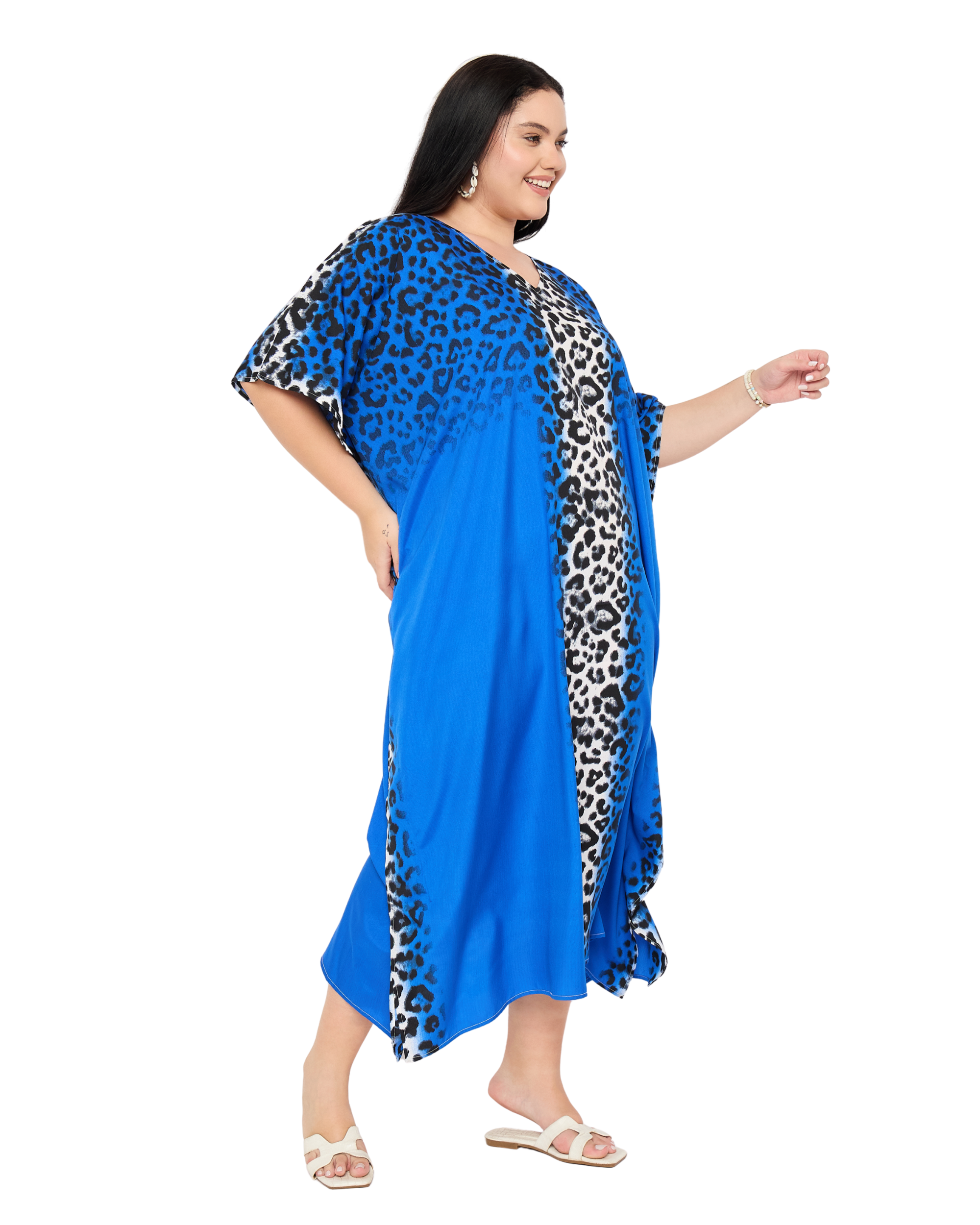 Royal Blue Leopard Polyester Women Plus Size Resort Kaftan