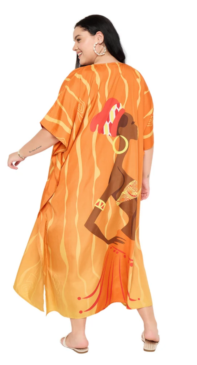 Orange African Woman Silhouette Profile Portrait Polyester Plus Size Kaftan for Women 1X-3X V Neck | GypsieBlu