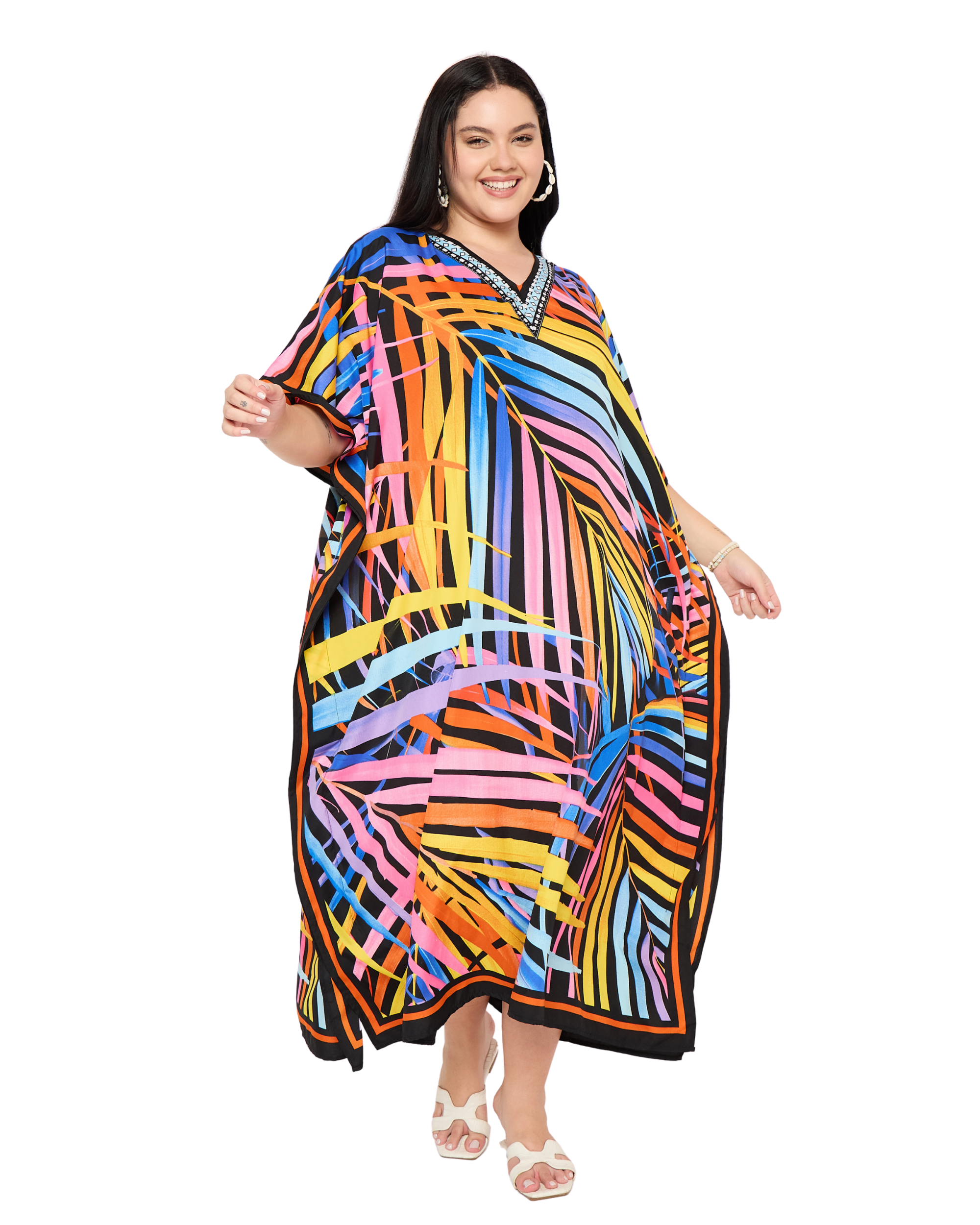 Multicolor Leaf Polyester Plus Size Kaftan Dress for Women