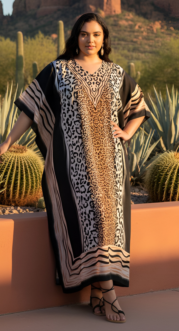 Black Leopard Panel Polyester Plus Size Kaftan for Women 1X-3X | GypsieBlu