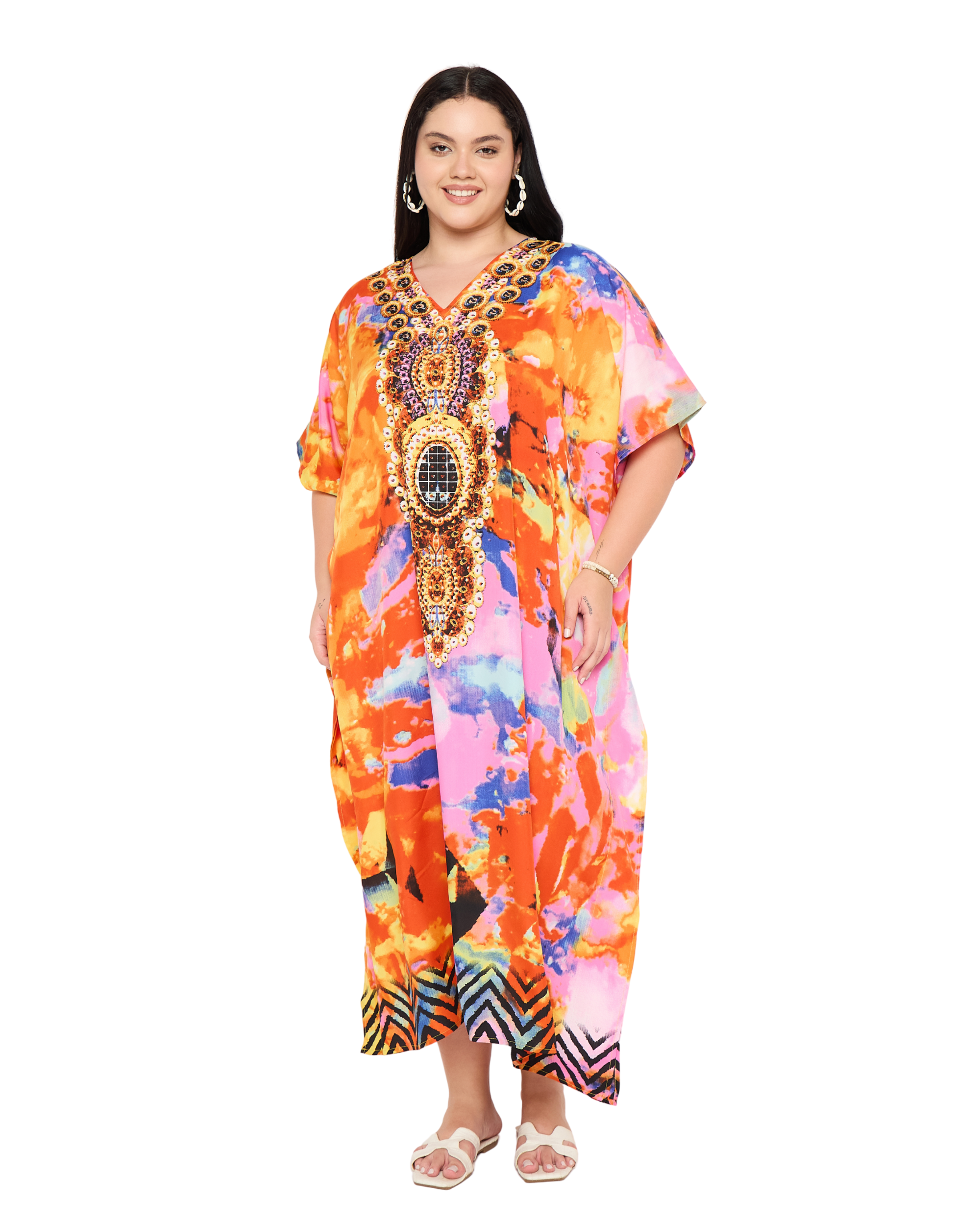 Multicolor Abstract Women Plus Size Kaftan Dress for Summers
