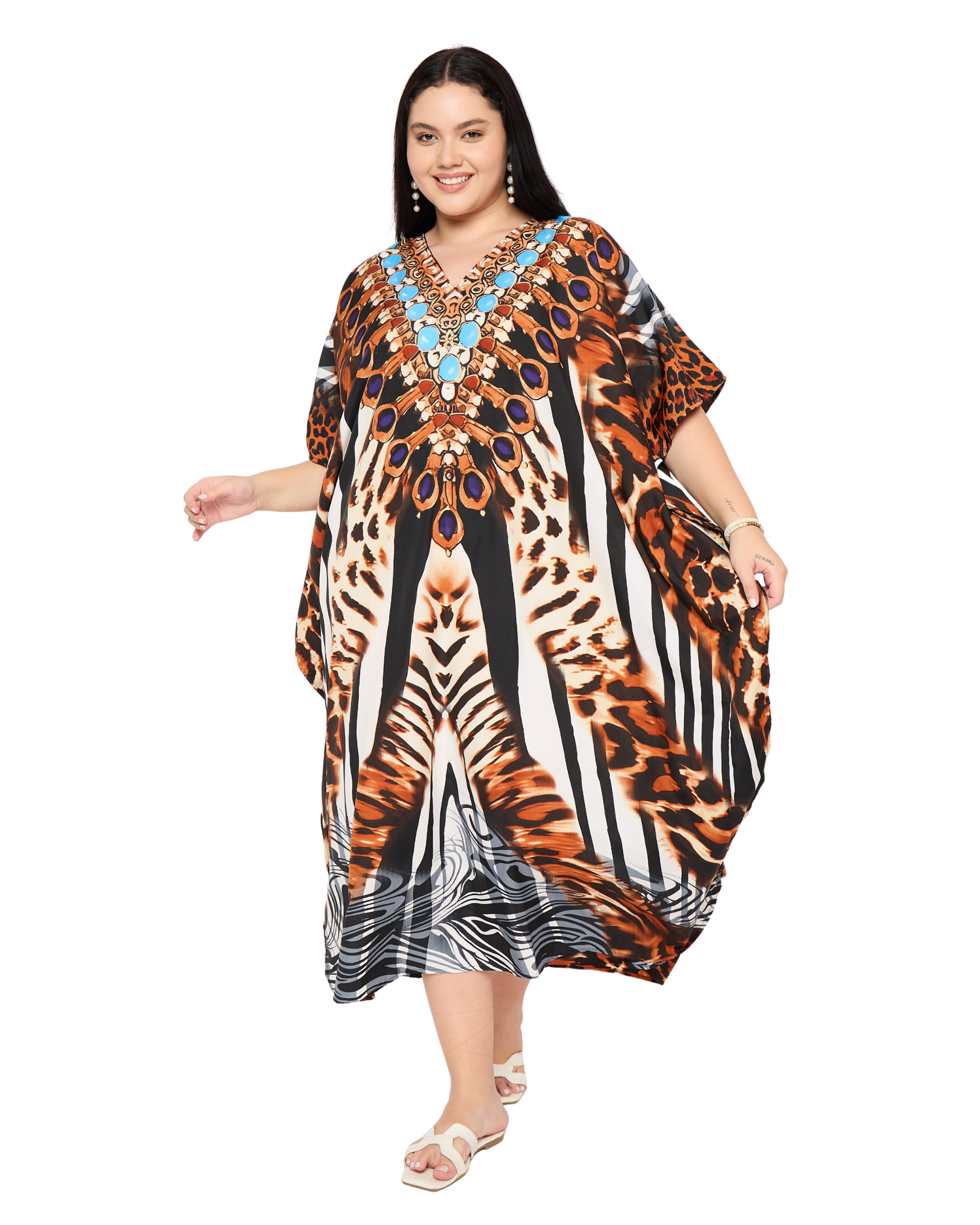Animal Print Polyester Plus Size Maxi Kaftan Dress for Women