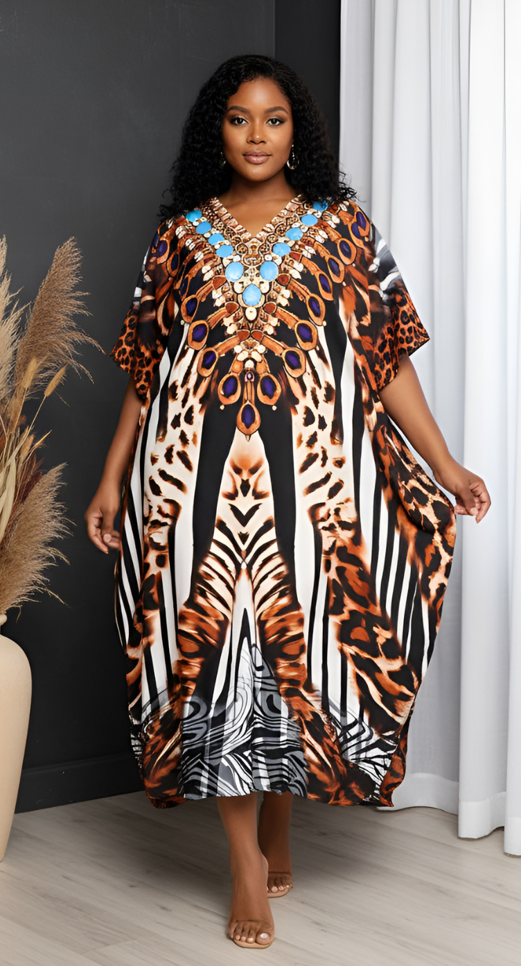 Animal Print Polyester Plus Size Long Kaftan Dress for Women