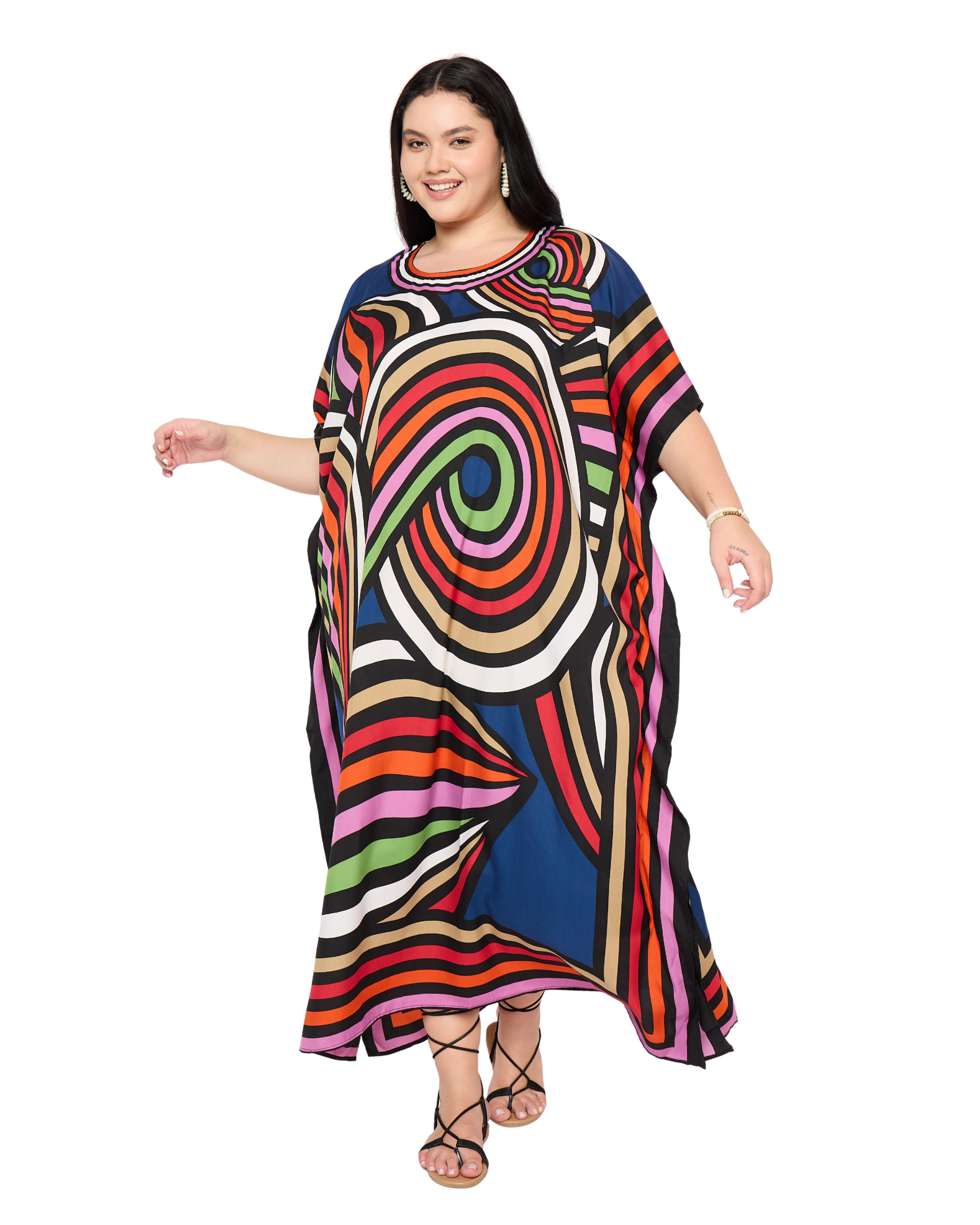 Blue Geometric Polyester Women Plus Size Kaftan Dress