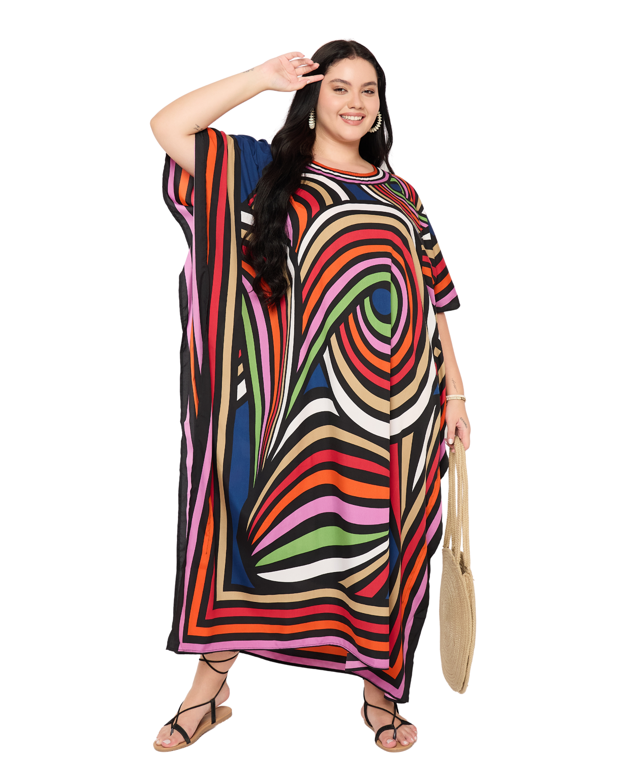 Blue Geometric Polyester Women Plus Size Kaftan Dress