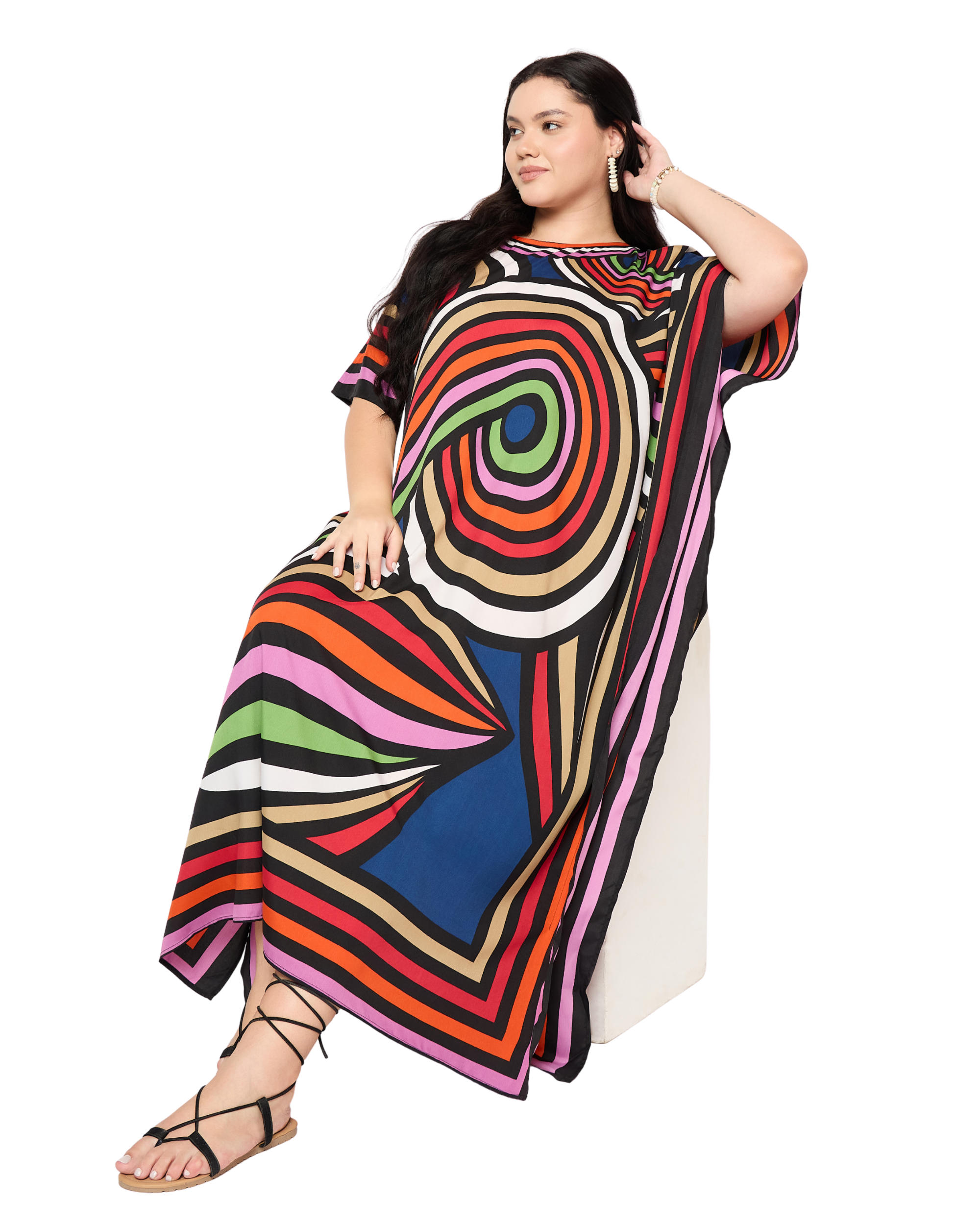 Blue Geometric Polyester Women Plus Size Kaftan Dress