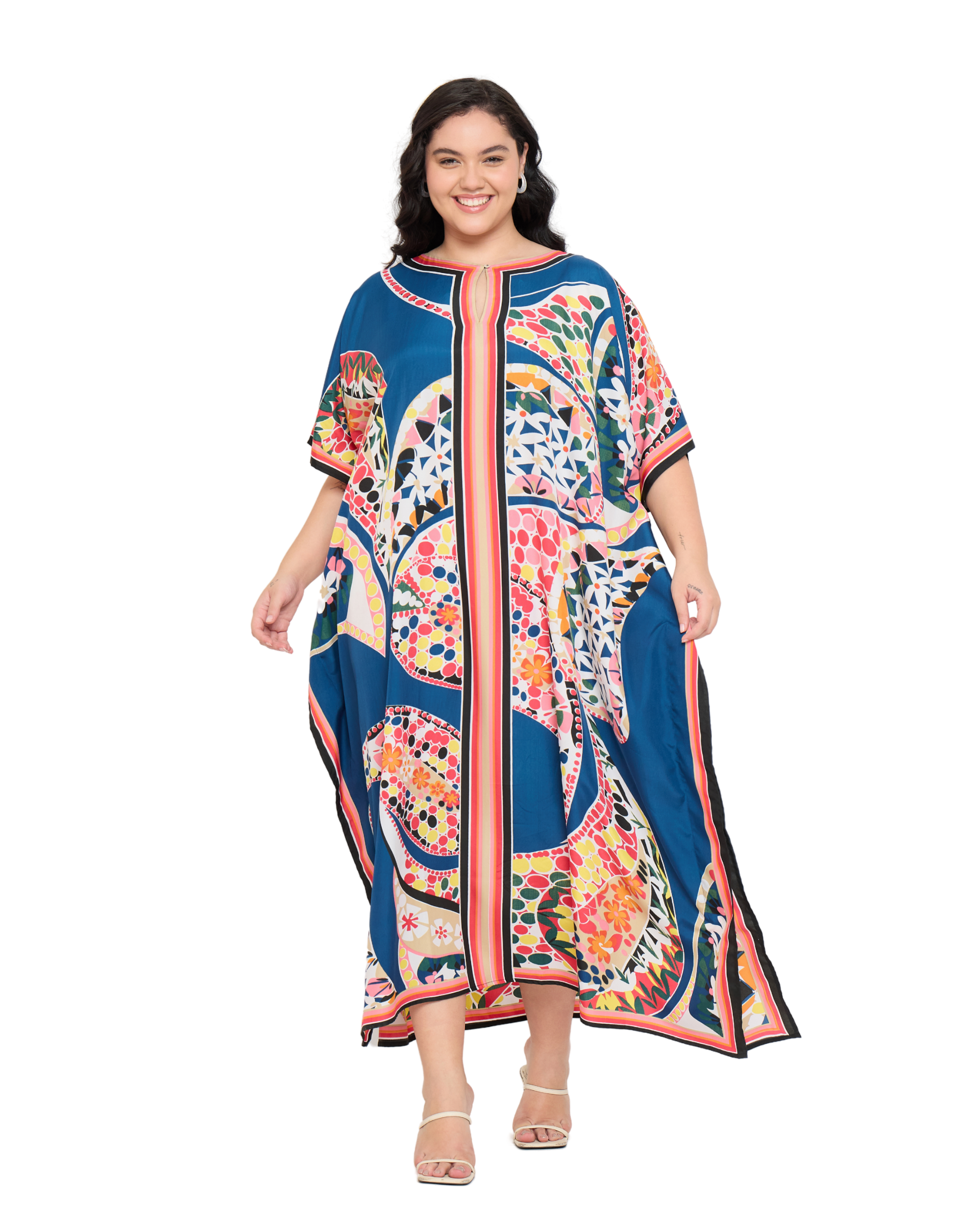 Cobalt Blue Polyester Geometric Women Plus Size Kaftan Dress For Beach