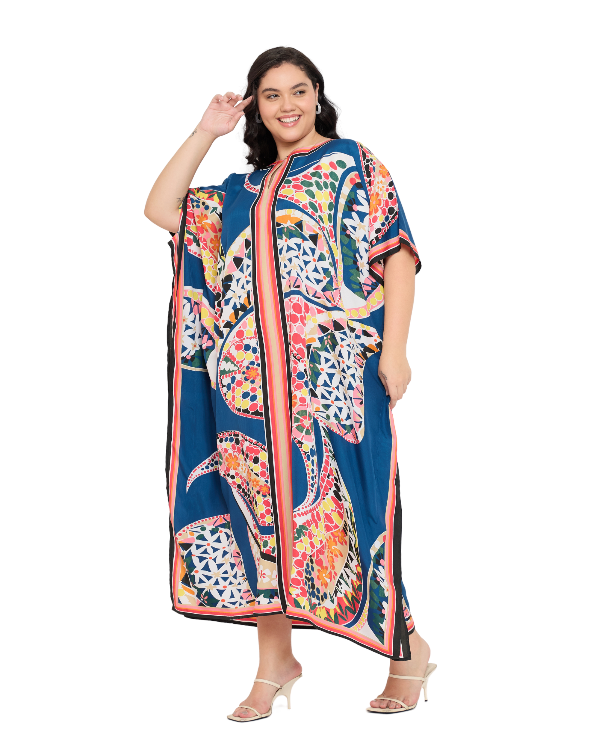 Cobalt Blue Polyester Geometric Women Plus Size Kaftan Dress For Beach