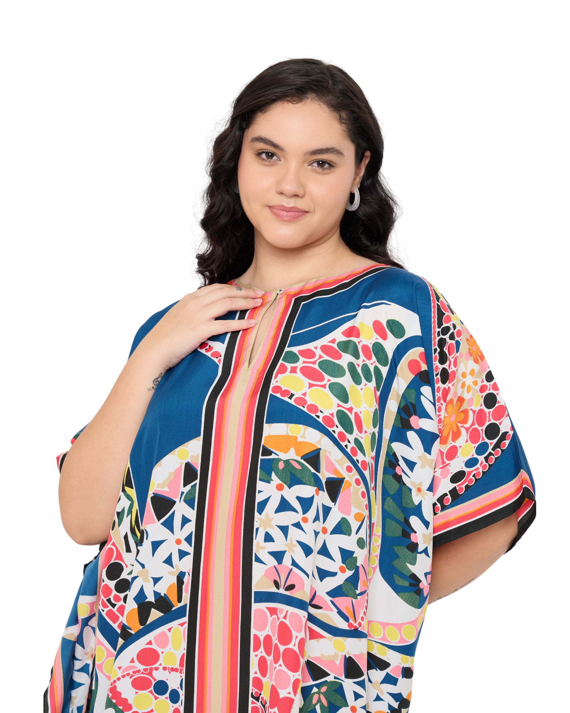 Cobalt Blue Polyester Geometric Women Plus Size Kaftan Dress For Beach