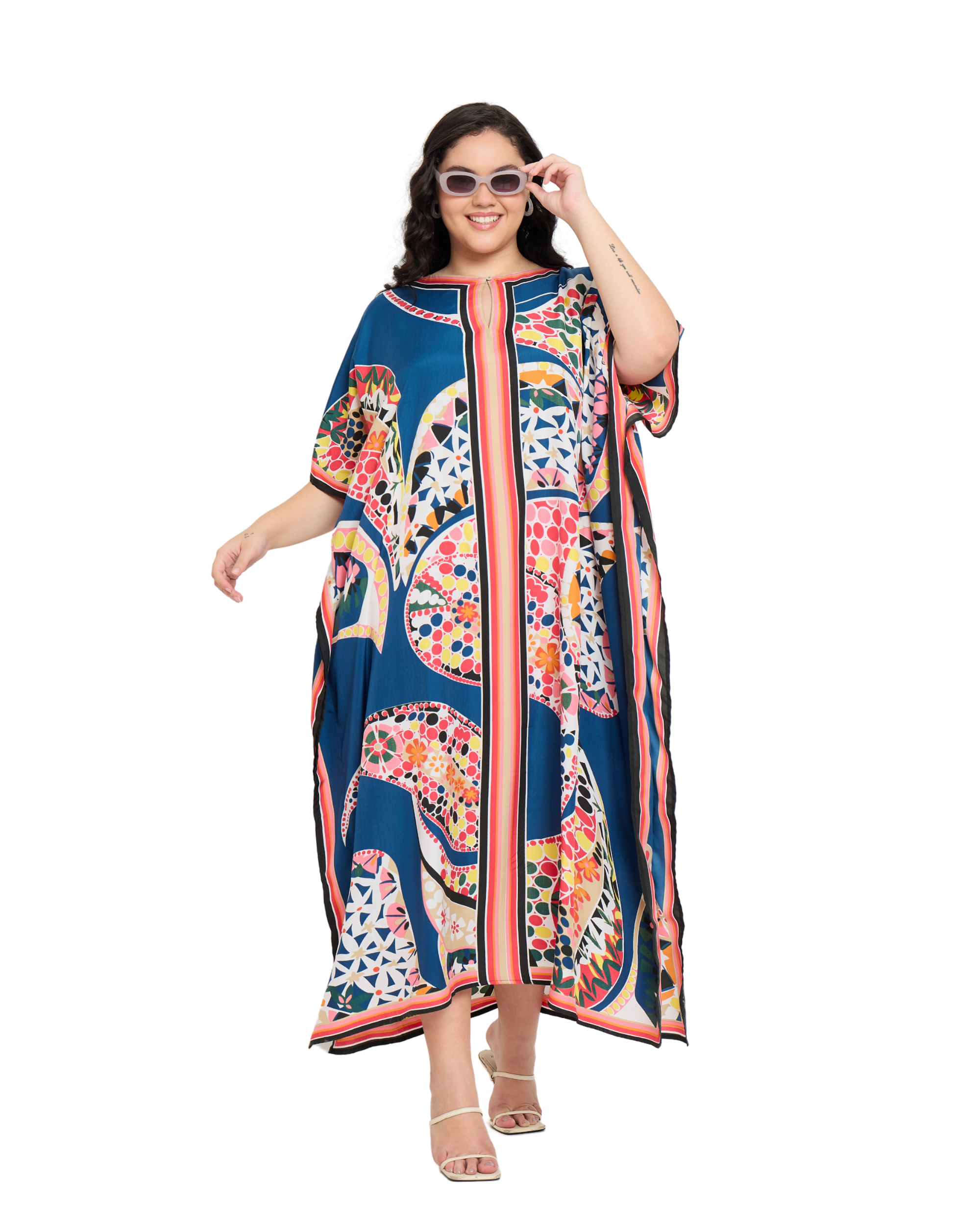 Cobalt Blue Polyester Geometric Women Plus Size Kaftan Dress For Beach
