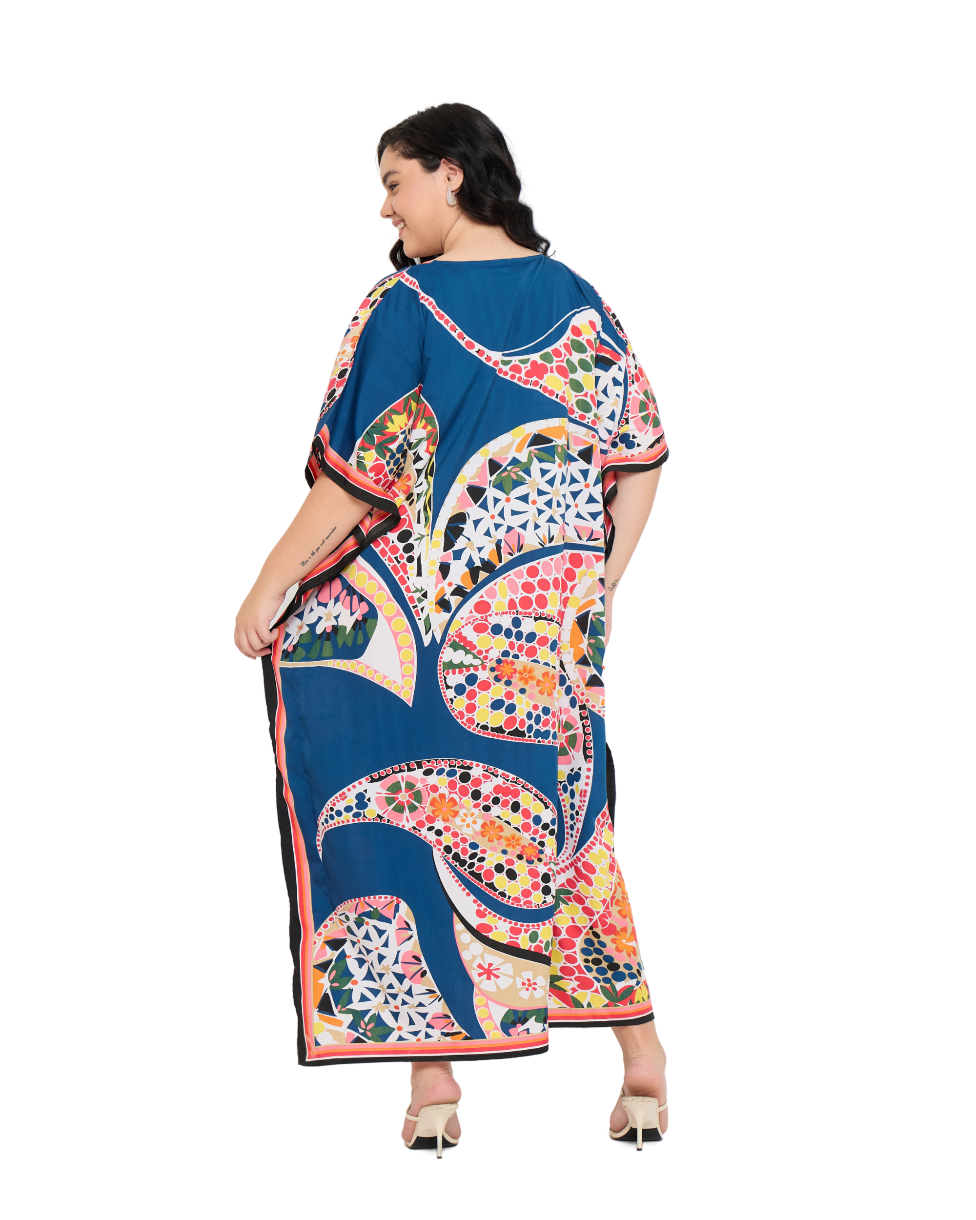 Cobalt Blue Polyester Geometric Women Plus Size Kaftan Dress For Beach