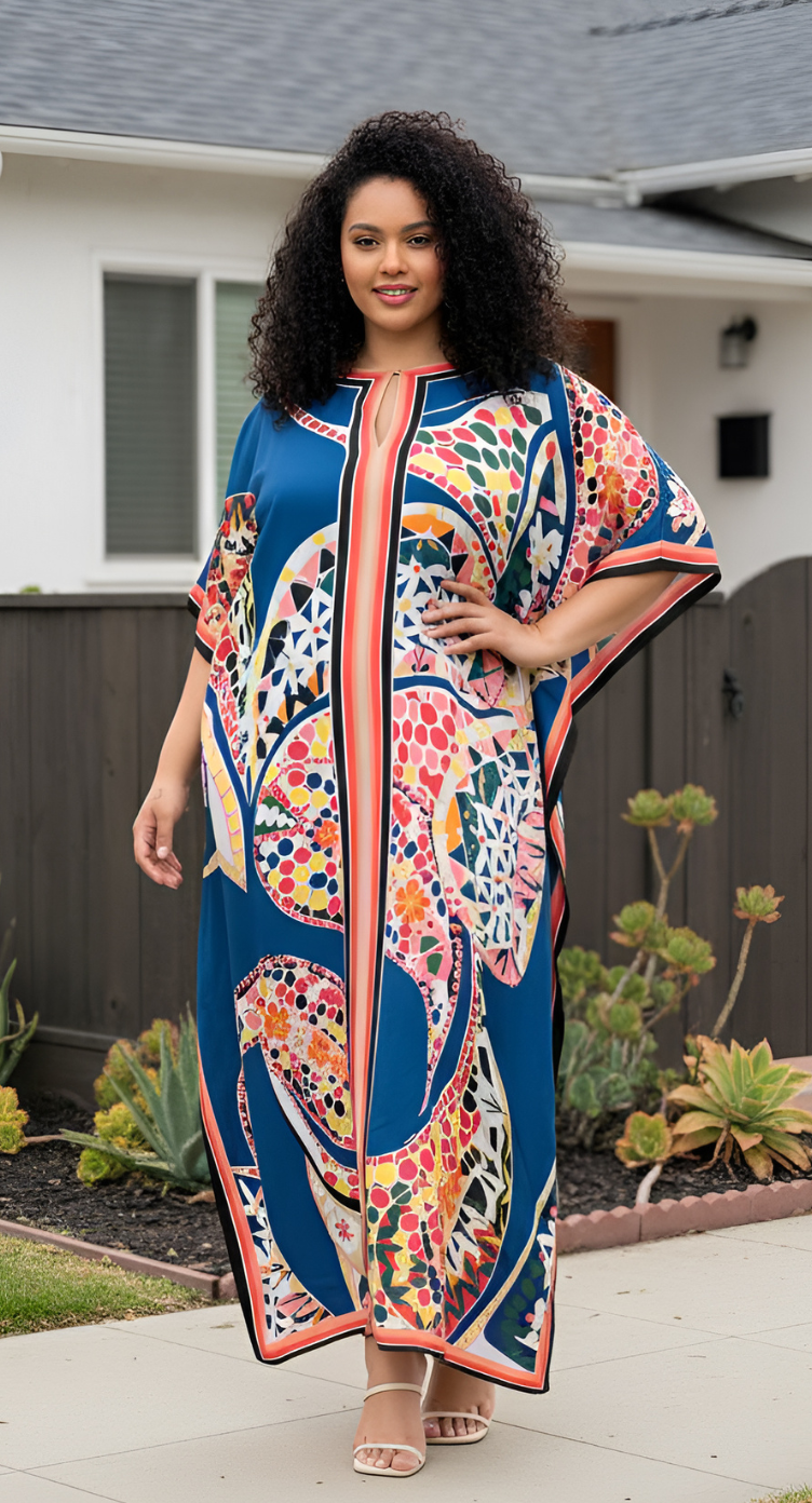 Blue Polyester Geometric Women Plus Size Kaftan Beach Dress
