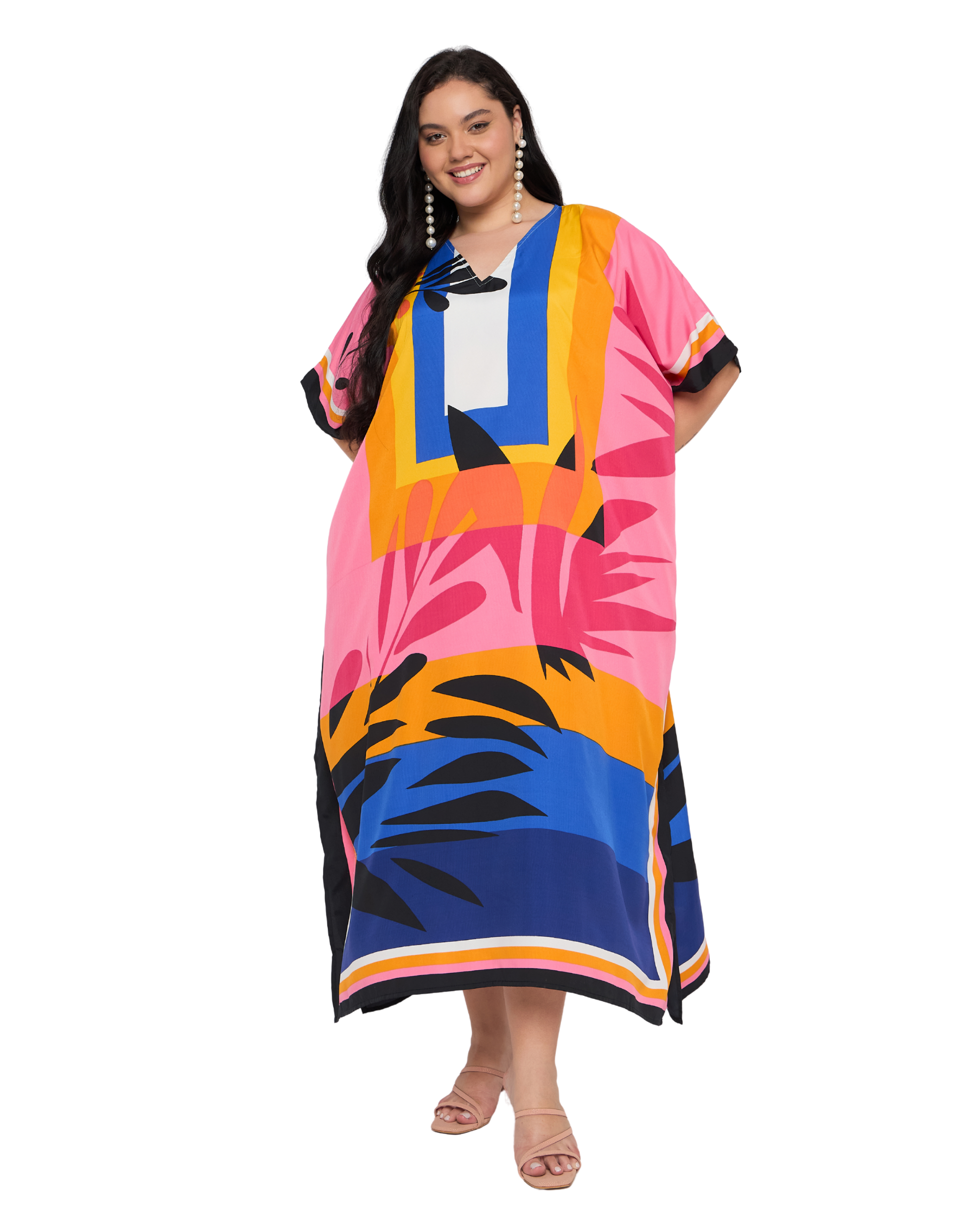 Pink Tropical Polyester Plus Size Caftan Dress for Women