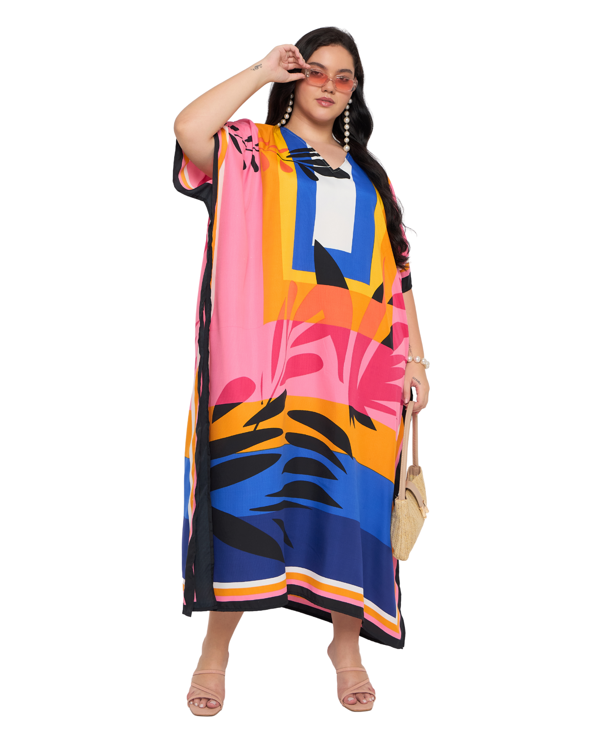 Pink Tropical Polyester Plus Size Caftan Dress for Women