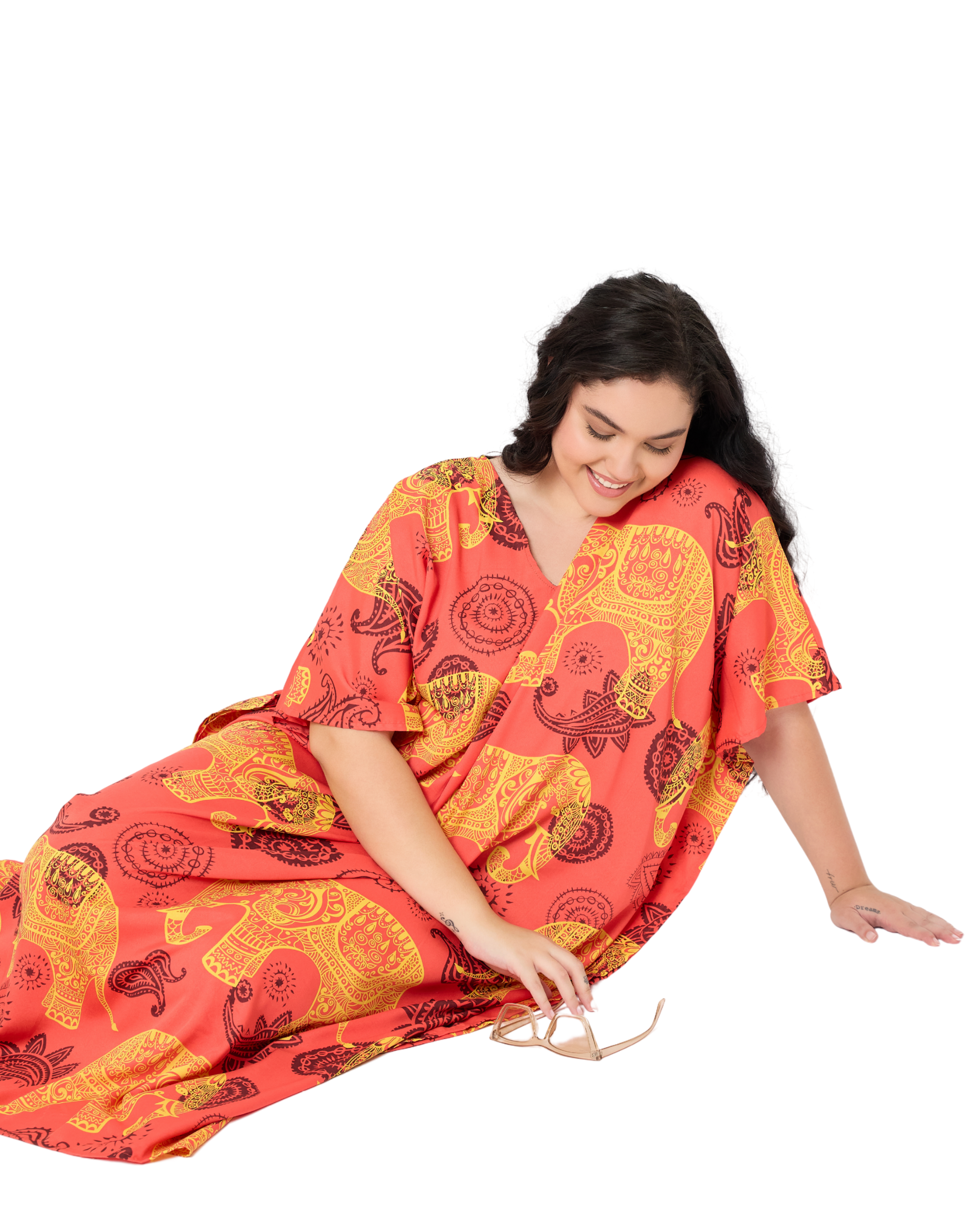 Coral Red Animal Polyester Women Plus Size Kaftan Dress