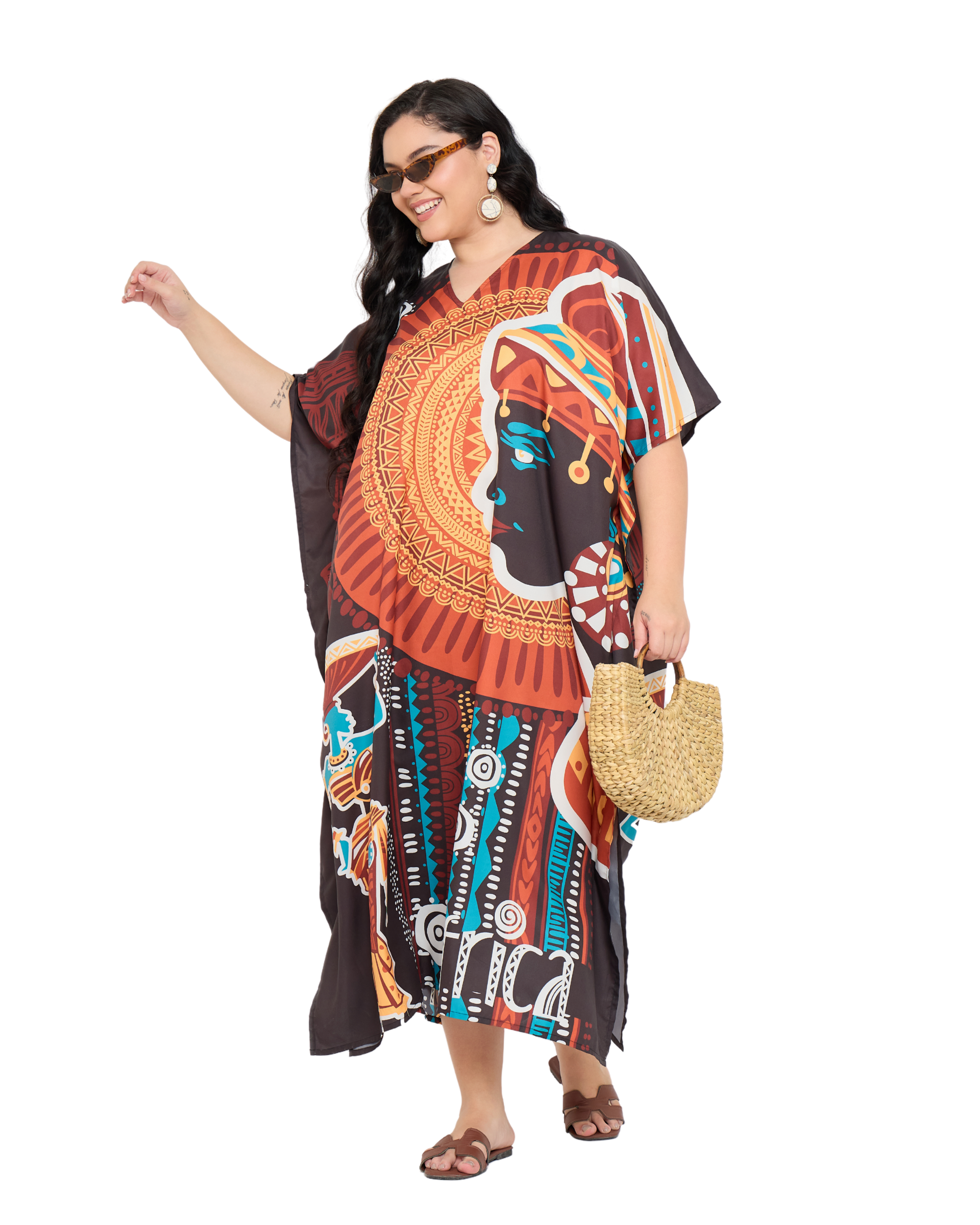 Brown Polyester Tribal Plus Size Caftan Dress for Women