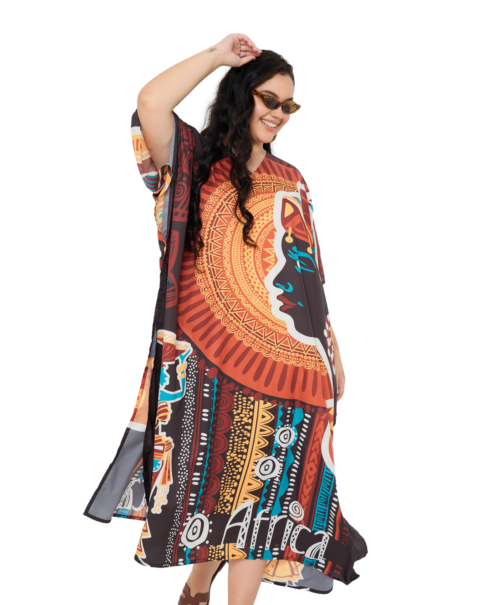 Brown Polyester Tribal Plus Size Caftan Dress for Women