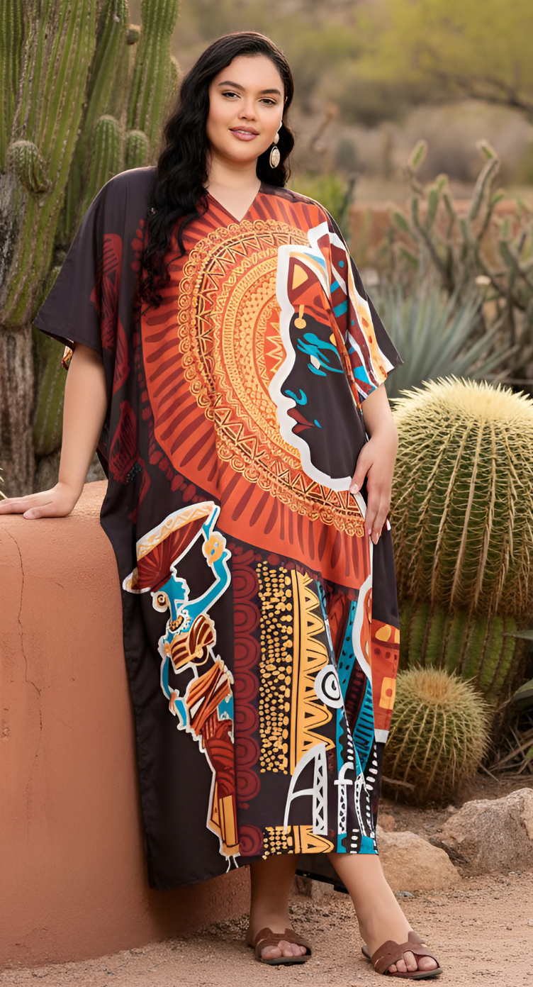 Brown Polyester Tribal Plus Size Caftan Dress for Women