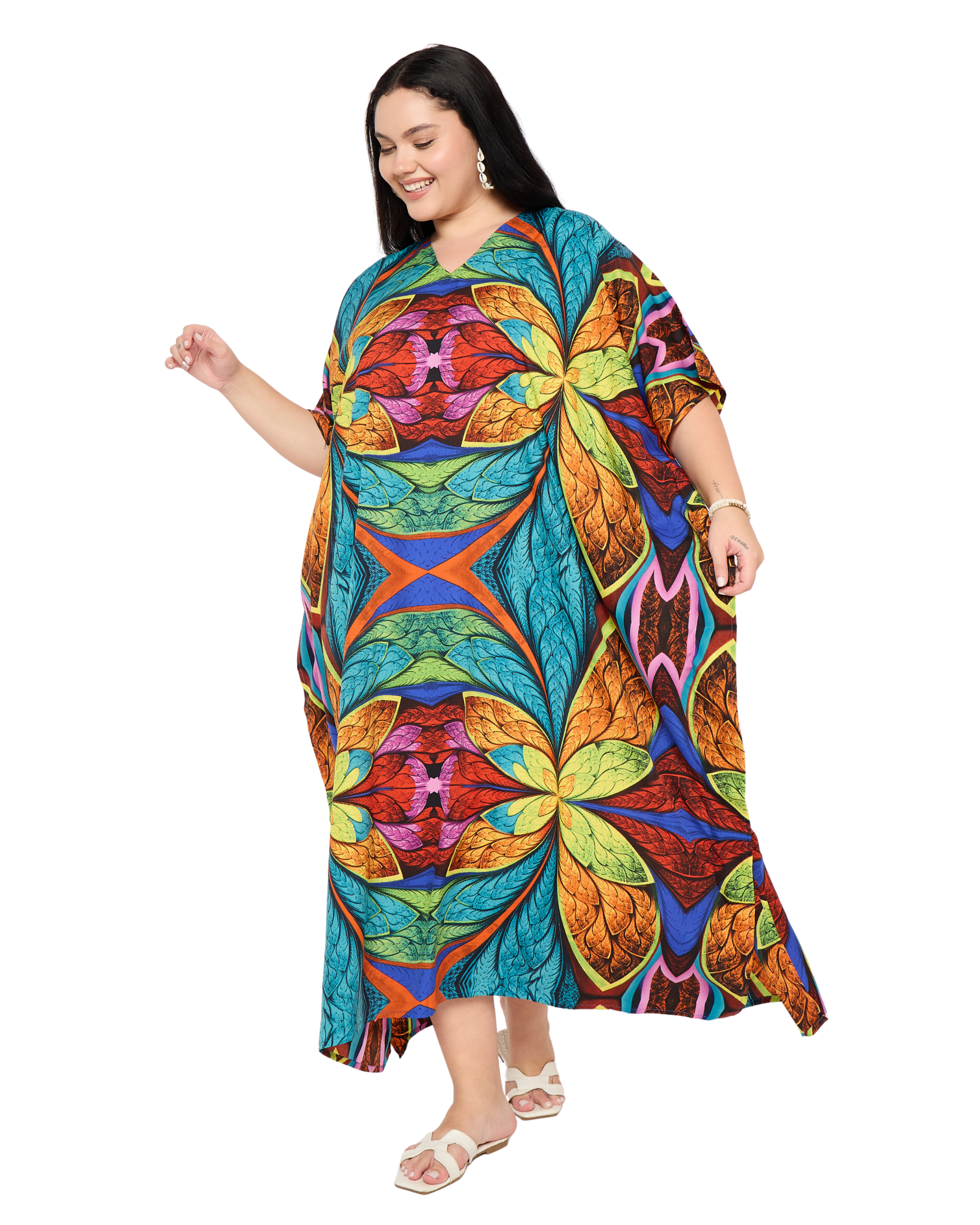 Blue Floral Polyester Plus Size Kaftan Beach Coverup for Women