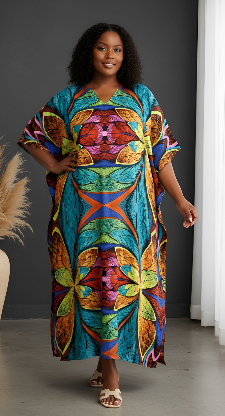 Blue Floral Polyester Plus Size Kaftan Beach Coverup for Women