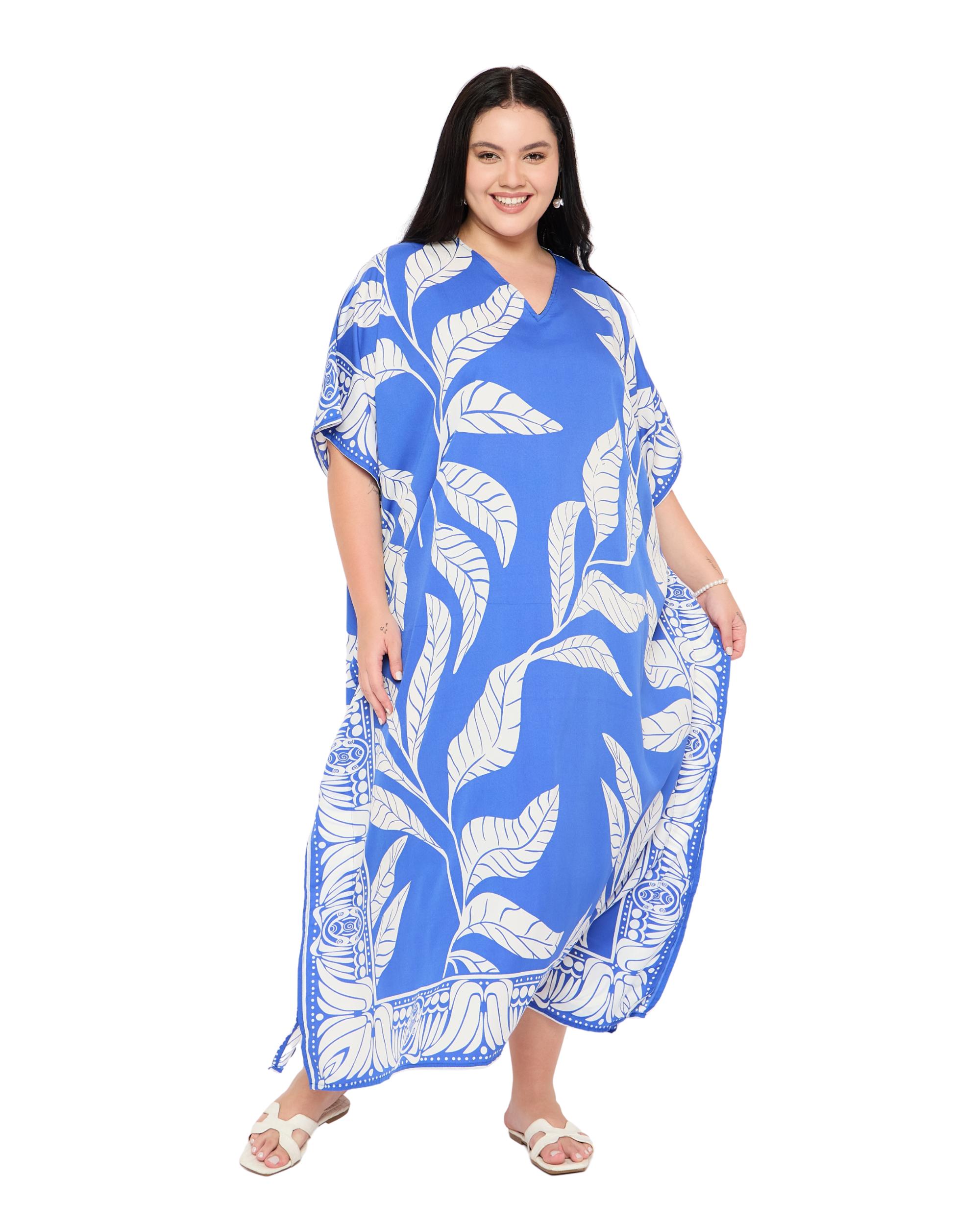 Blue Leaf Print Plus Size Kaftan Dress for Women Swimsuit Cover Up