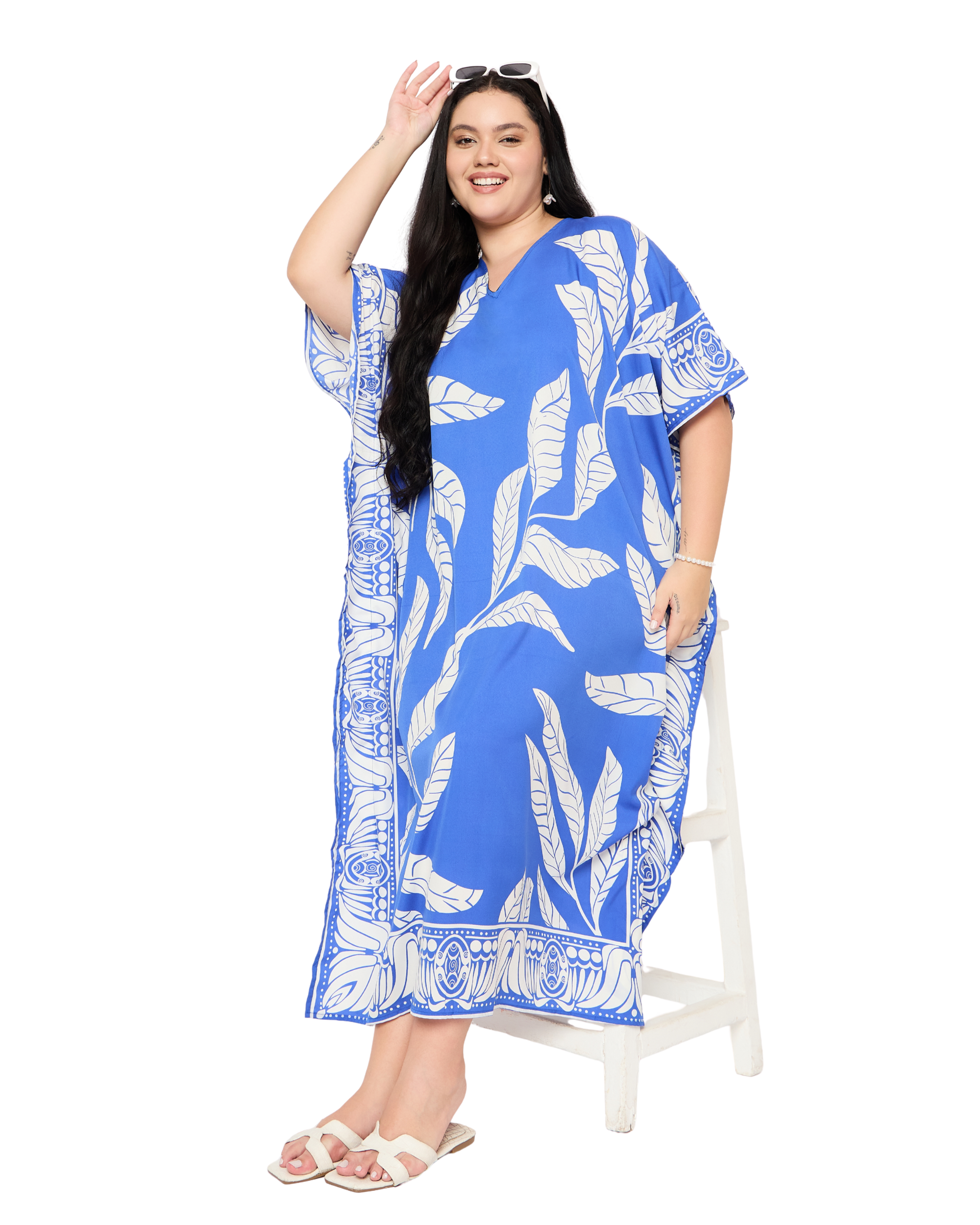 Blue Leaf Print Plus Size Kaftan Dress for Women Swimsuit Cover Up