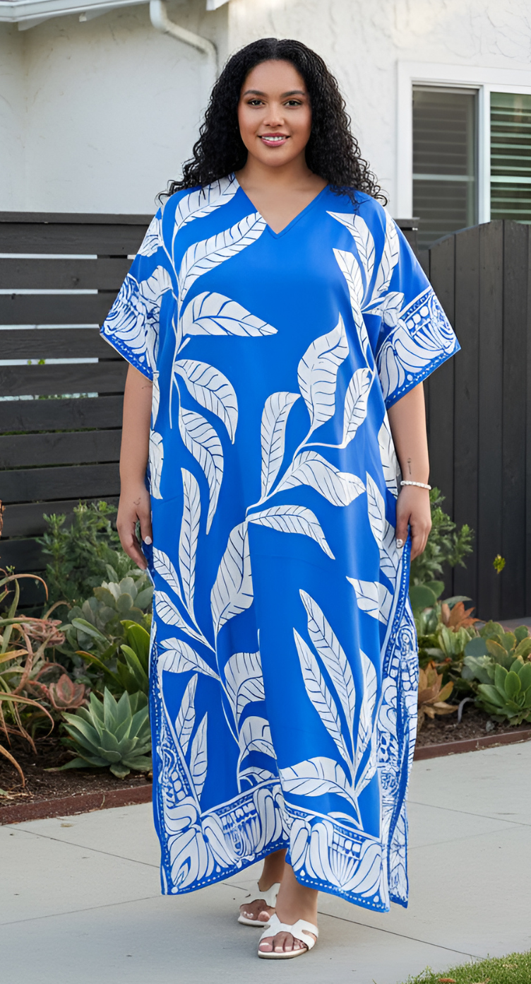 Blue Leaf Print Plus Size Kaftan Dress for Women Swimsuit Cover Up