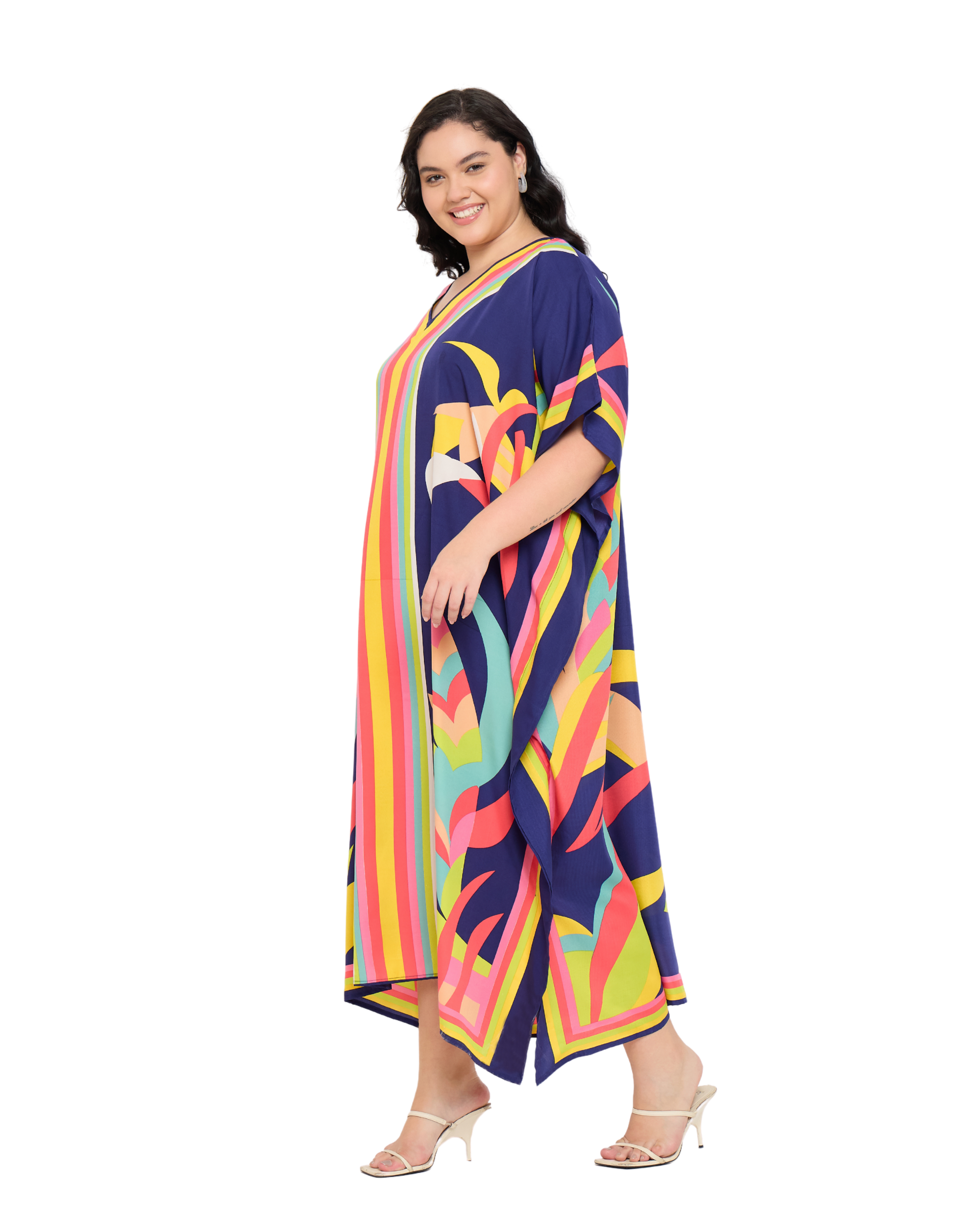 Navy Blue Leaf Polyester Women Plus Size kaftan Dress