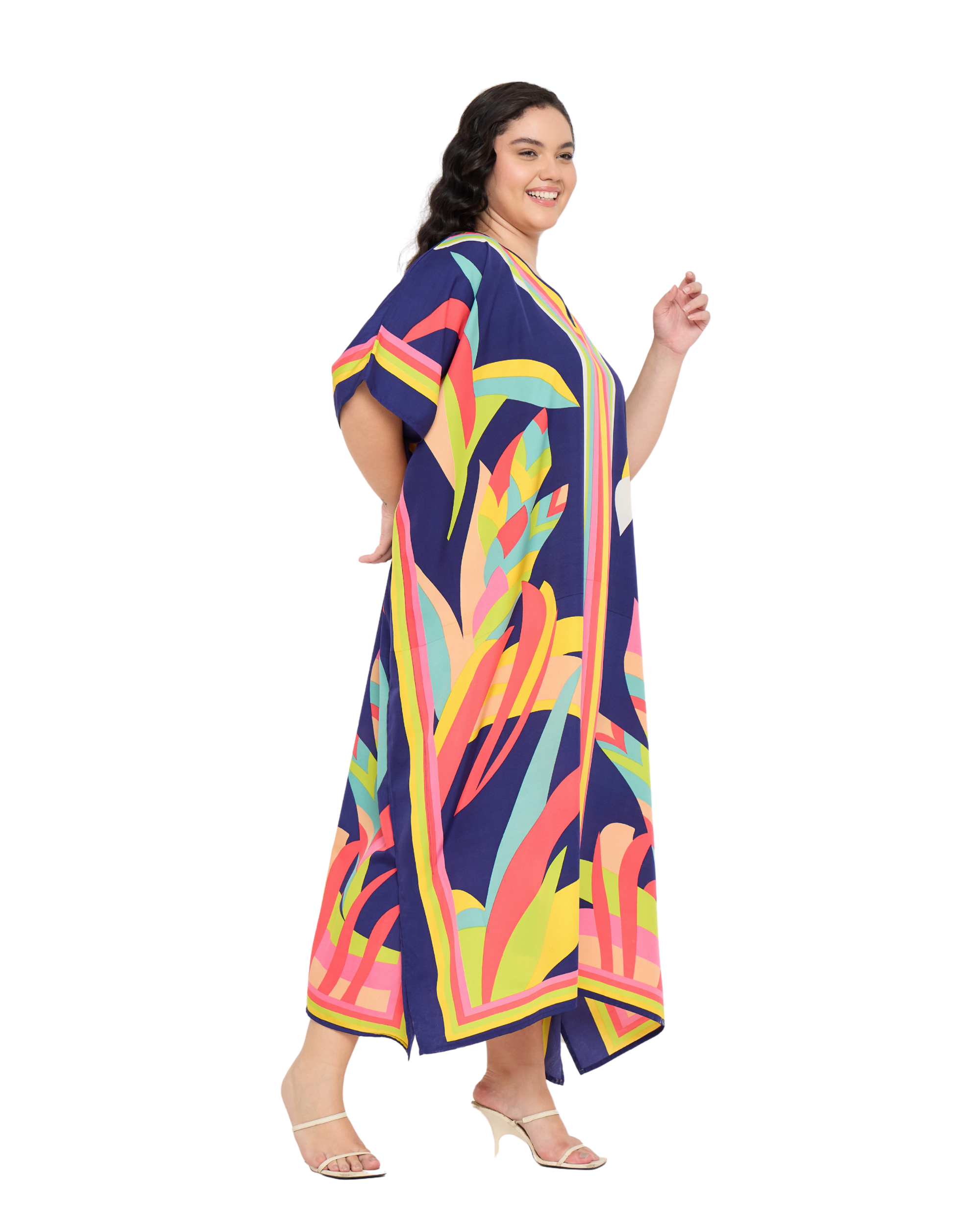 Navy Blue Leaf Polyester Women Plus Size kaftan Dress