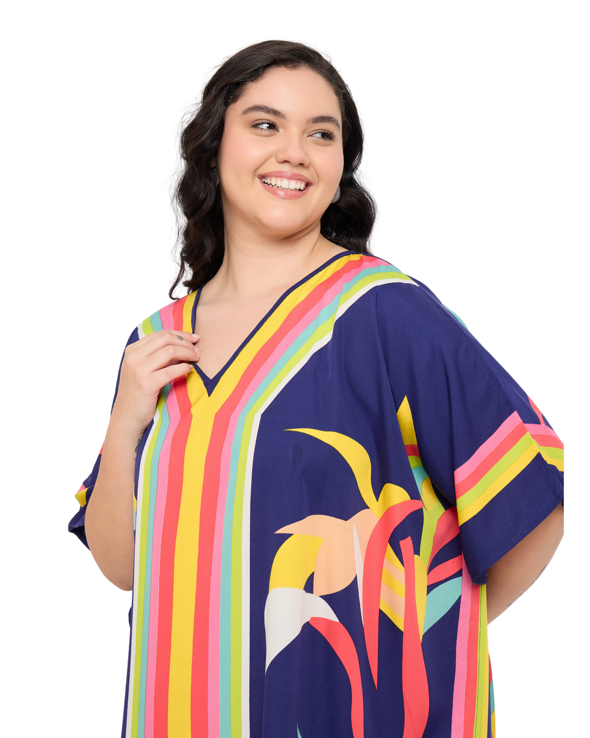 Navy Blue Leaf Polyester Women Plus Size kaftan Dress