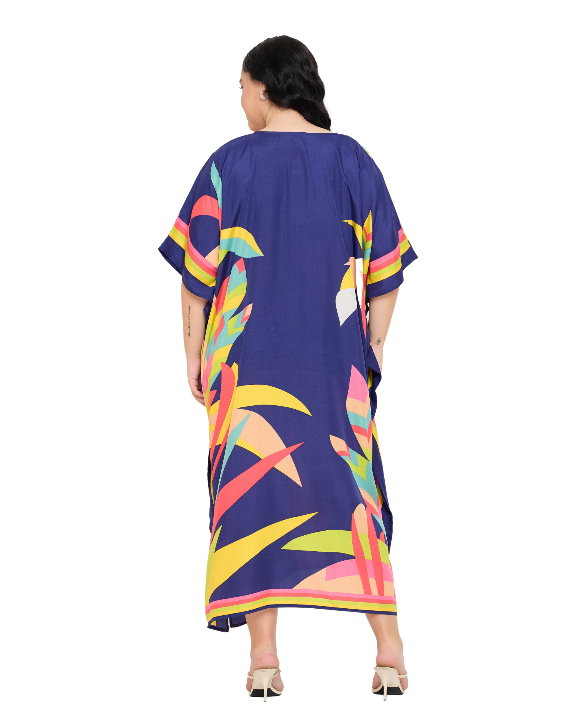 Navy Blue Leaf Polyester Women Plus Size kaftan Dress