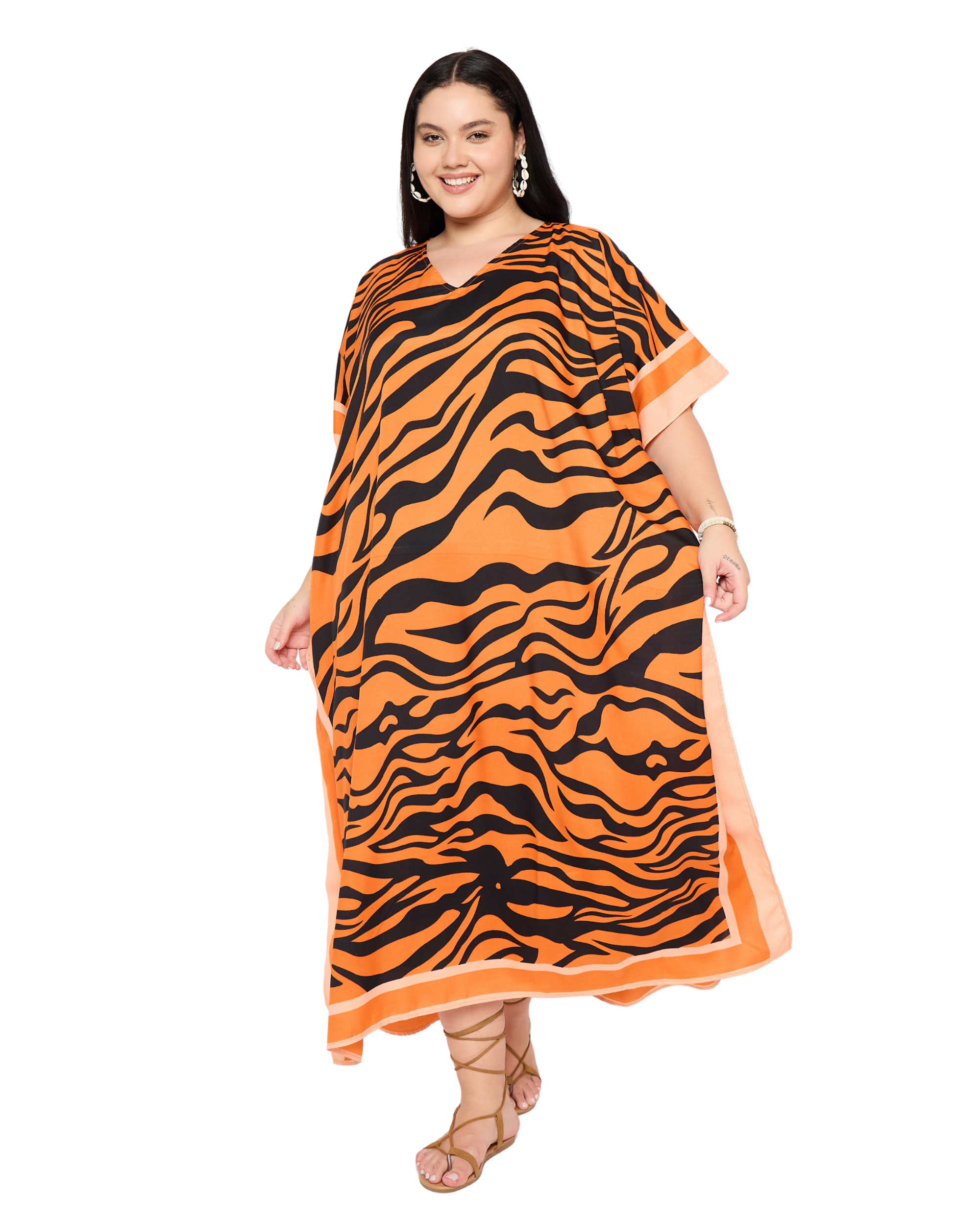 Orange Animal Print Caftan for Women Plus Size Lounge Dress