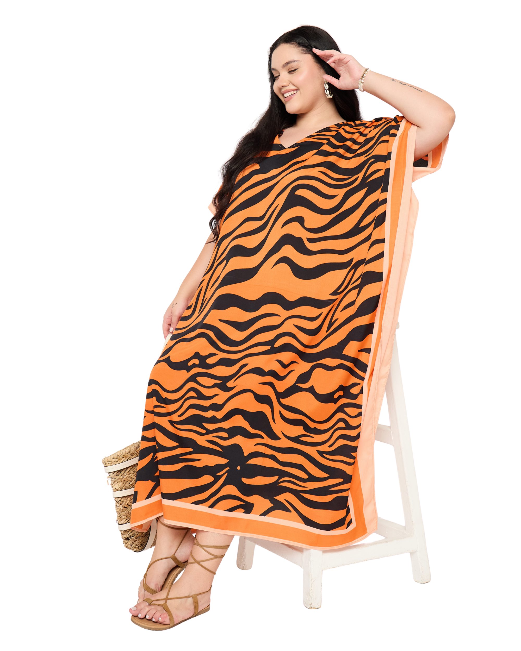 Orange Animal Print Caftan for Women Plus Size Lounge Dress