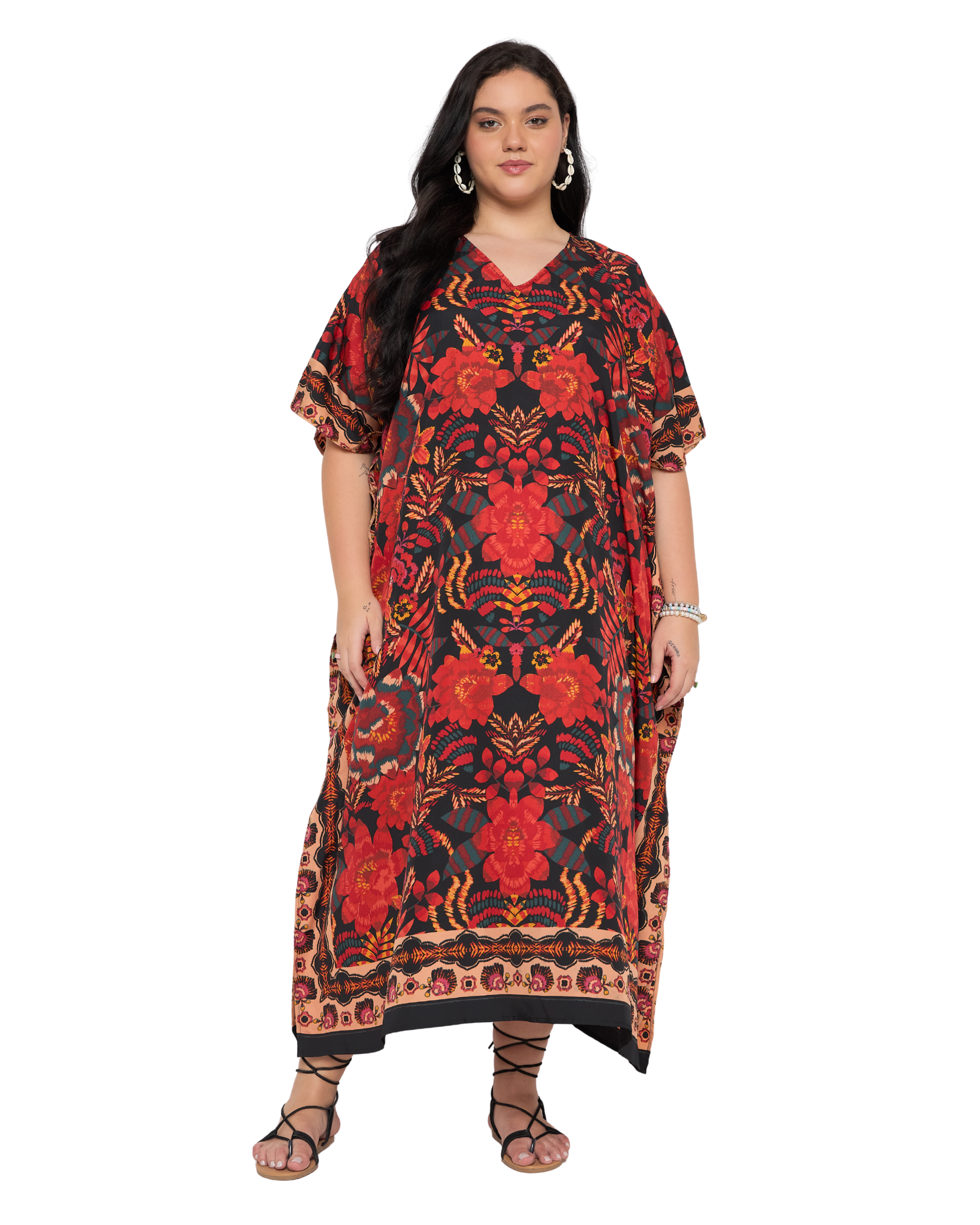 Red Floral Polyester Women Plus Size Kaftan Dress