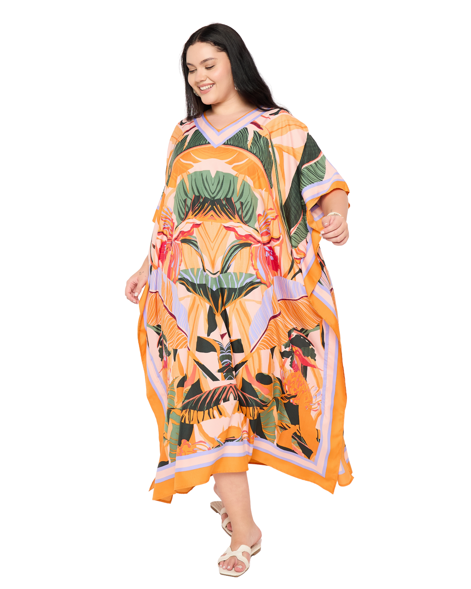 Peach Tropical Polyester Plus Size Beach Kaftan For Women