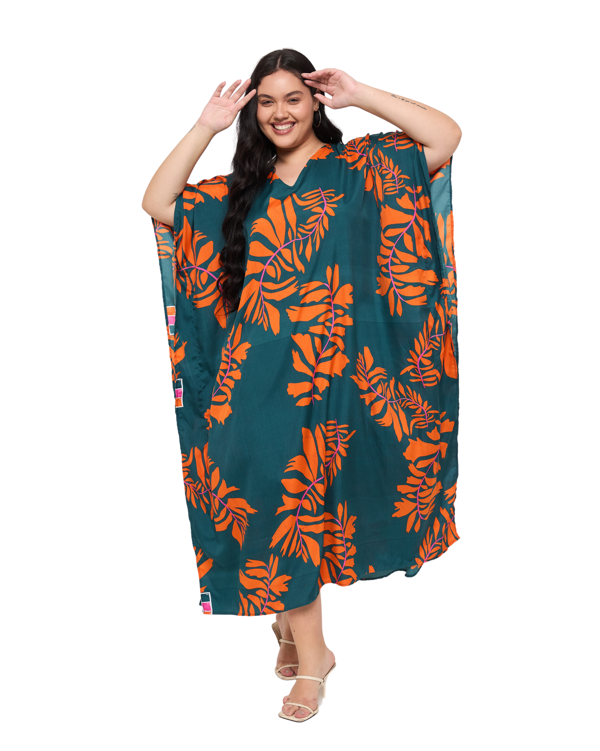 Tropical Leaf Teal Green Polyester Women Plus Size Kaftan Dress for Resort