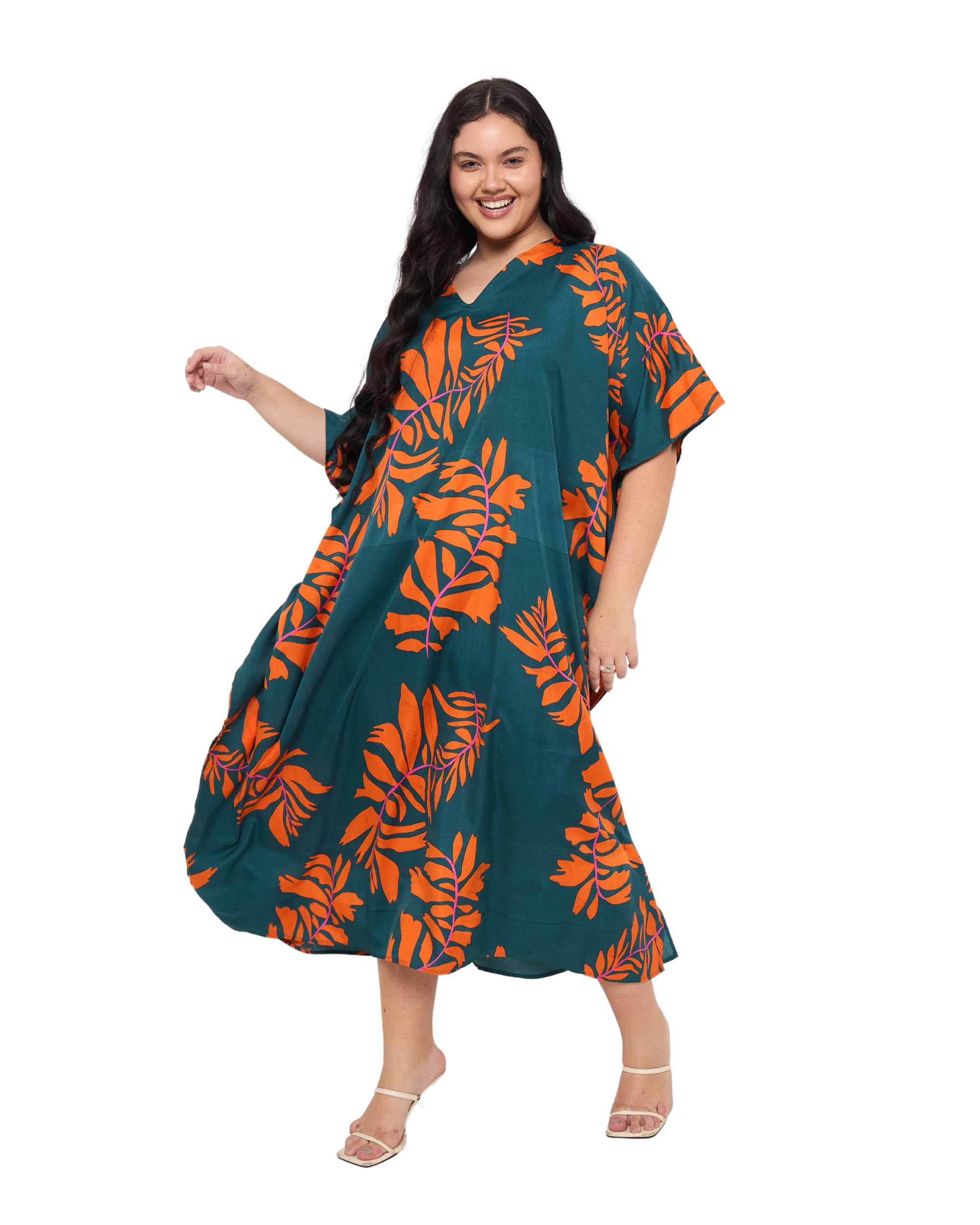 Tropical Leaf Teal Green Polyester Women Plus Size Kaftan Dress for Resort