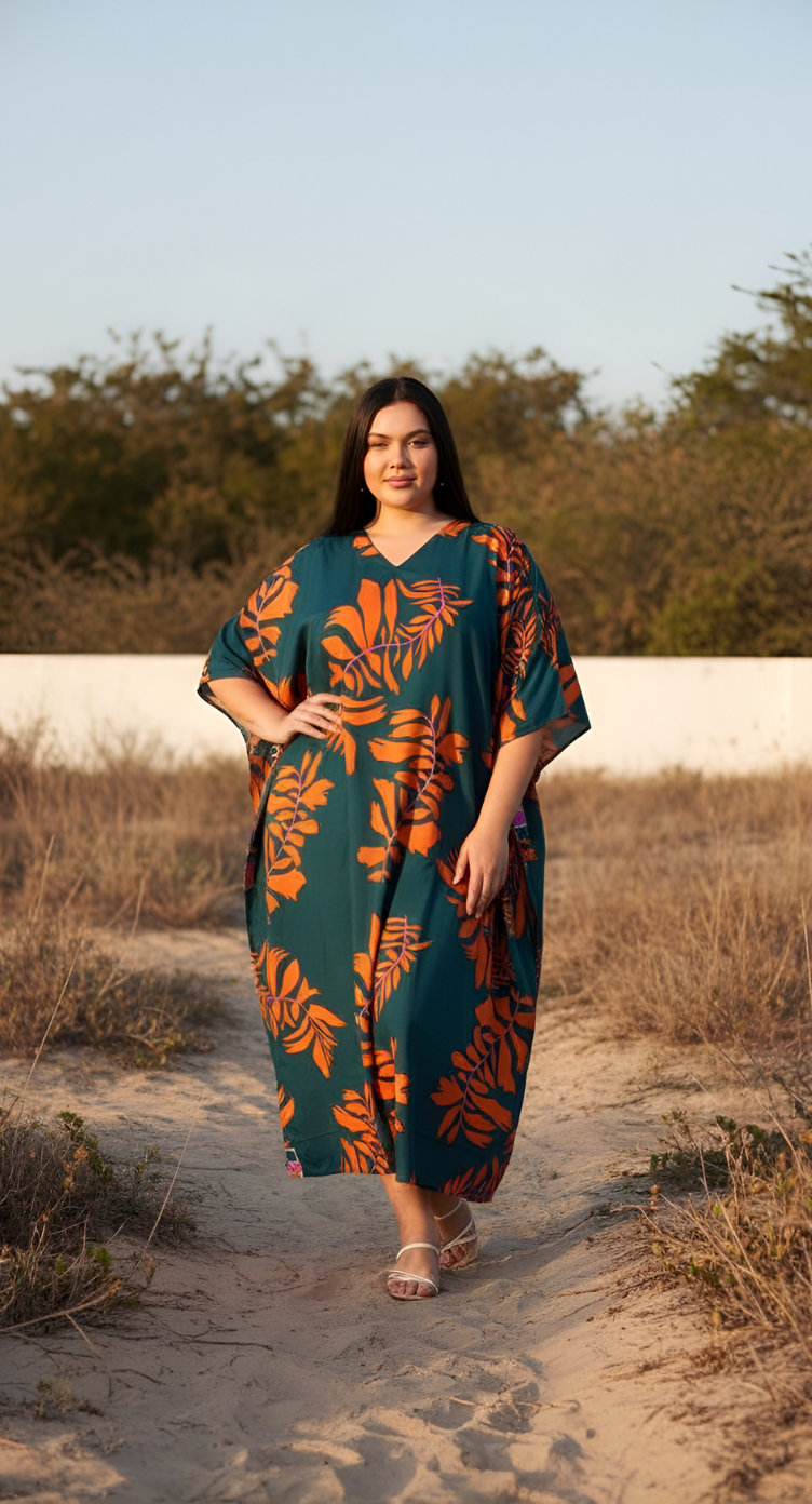 Tropical Leaf Green Polyester Women Plus Size Kaftan Dress